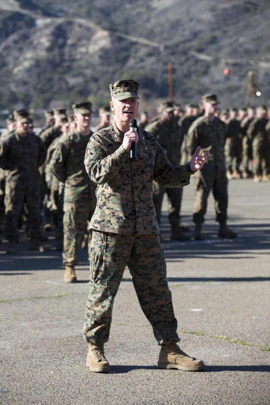Col. Matthew Trollinger, 11th Marine Expeditionary Unit commanding officer, thanks guest for attending the 11th MEU’s composite ceremony on Camp Pendleton, Calif. Jan. 11. The ceremony marks the beginning of a rigorous training schedule and subsequent deployment.