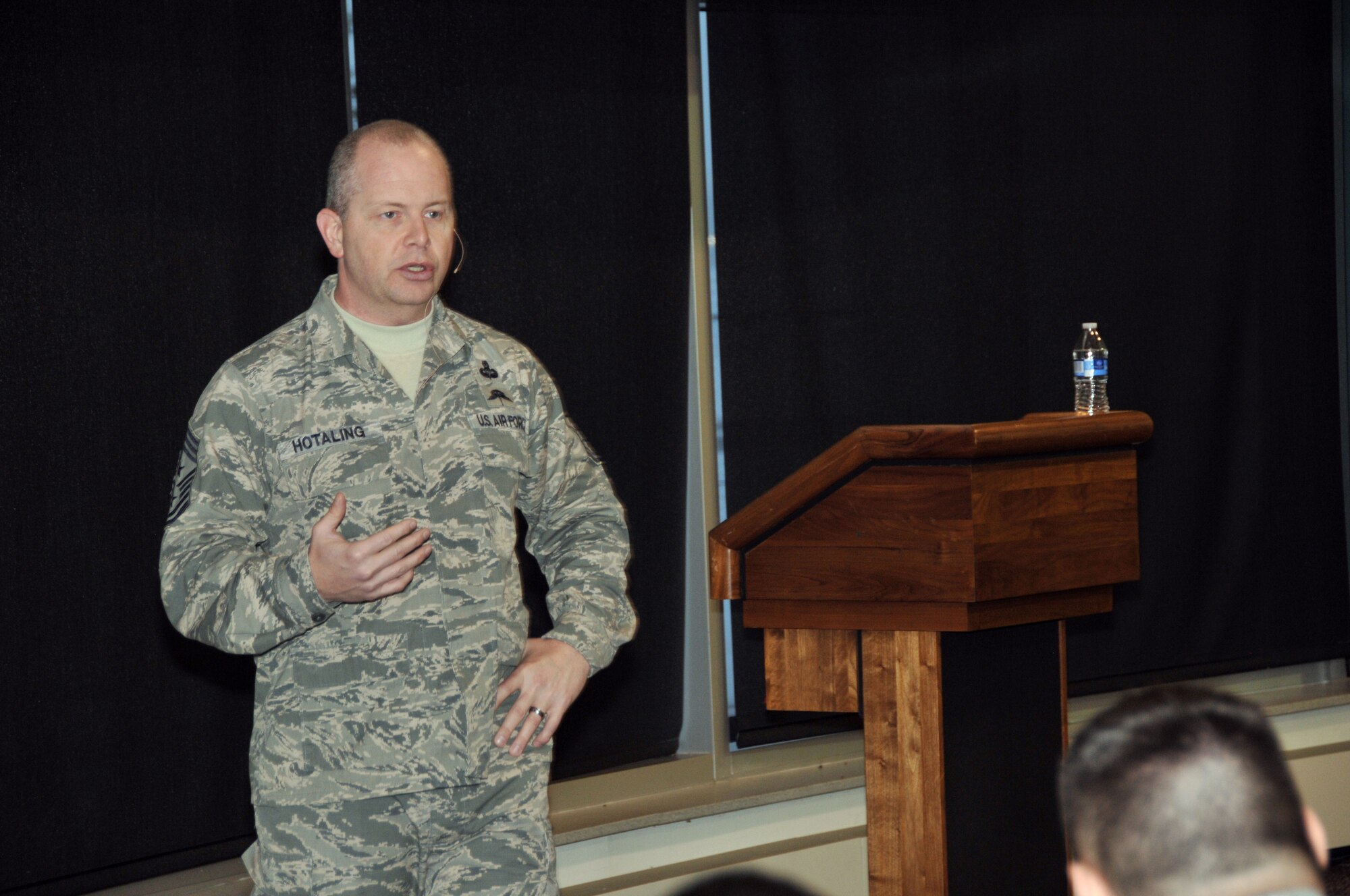 Chief Master Sgt. James Hotaling, Air National Guard Command Chief, speaks during a town hall meeting Jan. 10, 2014 at Ohio’s Springfield Air National Guard Base.  Hotaling held the town hall meeting as part of a tour of the Ohio Air National Guard units. (U.S. Air National Guard Photo by Master Sgt. Seth Skidmore)