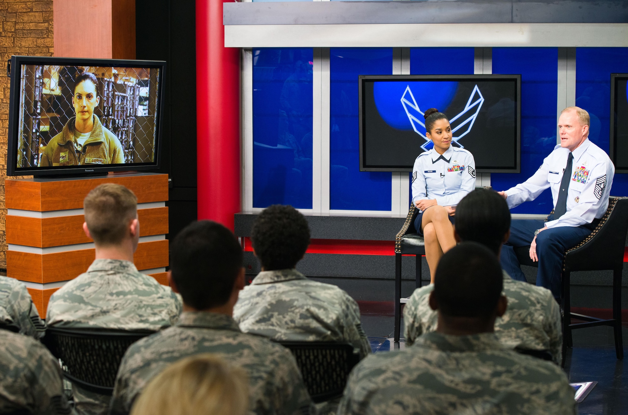 Chief Master Sgt. of the Air Force James A. Cody answers a question from an Airman, via a video message, during his 2nd worldwide CHIEFchat Jan. 9, 2014, at Defense Media Activity, Fort Meade, Md.  During this session of CHIEFchat, Cody addressed upcoming changes to enlisted performance reports and effects of force management. (U.S. Air Force photo/Senior Airman Jette Carr)