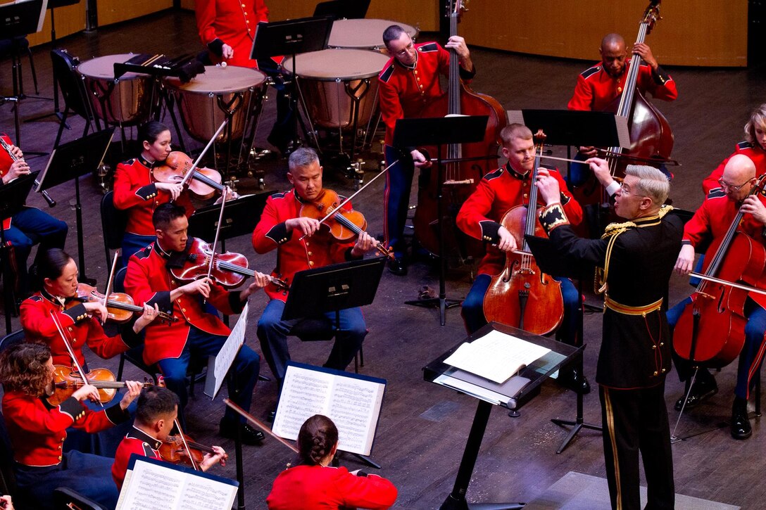 On Jan. 12, 2014, the Marine Chamber Orchestra performed a concert titled “Happy Viennese New Year!” at the Rachel M. Schlesinger Concert Hall and Arts Center in Alexandria, Va. The program was patterned from the 75-year old tradition established by Austrian conductor Clemens Krauss. The New Year’s programs include waltzes, polkas, quick-steps, and operetta overtures composed by Johann Strauss I, Johann Strauss II (The Waltz King), Josef Strauss, and their contemporaries of the 19th century. (U.S. Marine Corps Photo by Gunnery Sgt. Amanda Simmons/released)