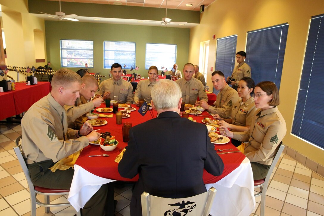 Secretary of the Navy, Ray Mabus speaks to a group of Marines during lunch aboard Camp Pendleton, Calif., Jan. 10. Mabus met with a group of non-commissioned officers and discussed questions and concerns they had regarding the Marine Corps.