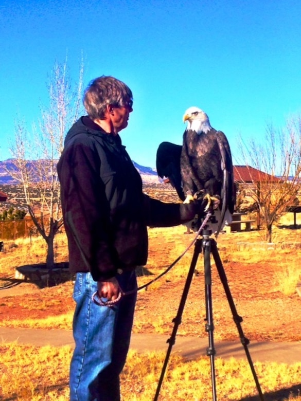 ABIQUIU LAKE, N.M. -- Maxwell, the Wildlife Center's resident educational bald eagle, meets volunteers before they go out to count eagles, Jan. 4, 2014.