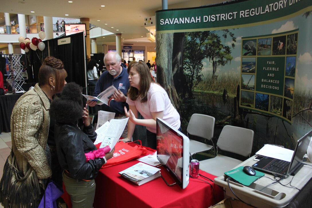 SAVANNAH, Ga. – An estimated 7,000 students and their families explored potential career paths in STEM (Science, Technology, Engineering, and Mathematics)—including careers with the U.S. Army Corps of Engineers—during the 5th Annual Student Success Expo and STEM Festival, Jan. 11 at the Savannah Mall. The county-wide event, hosted by the Savannah-Chatham County Public School System, provided student competitions, interactive displays, and opportunities for students to learn about career paths in both the private and public sectors. Among the multitude of booths that lined the entire bottom floor of the mall, members of the Corps' Regulatory Division (David Lekson, Sarah Wise, Stan Knight, and Donald Hendrix) talked to kids about career paths with the Corps of Engineers. USACE photo by Tracy Robillard.