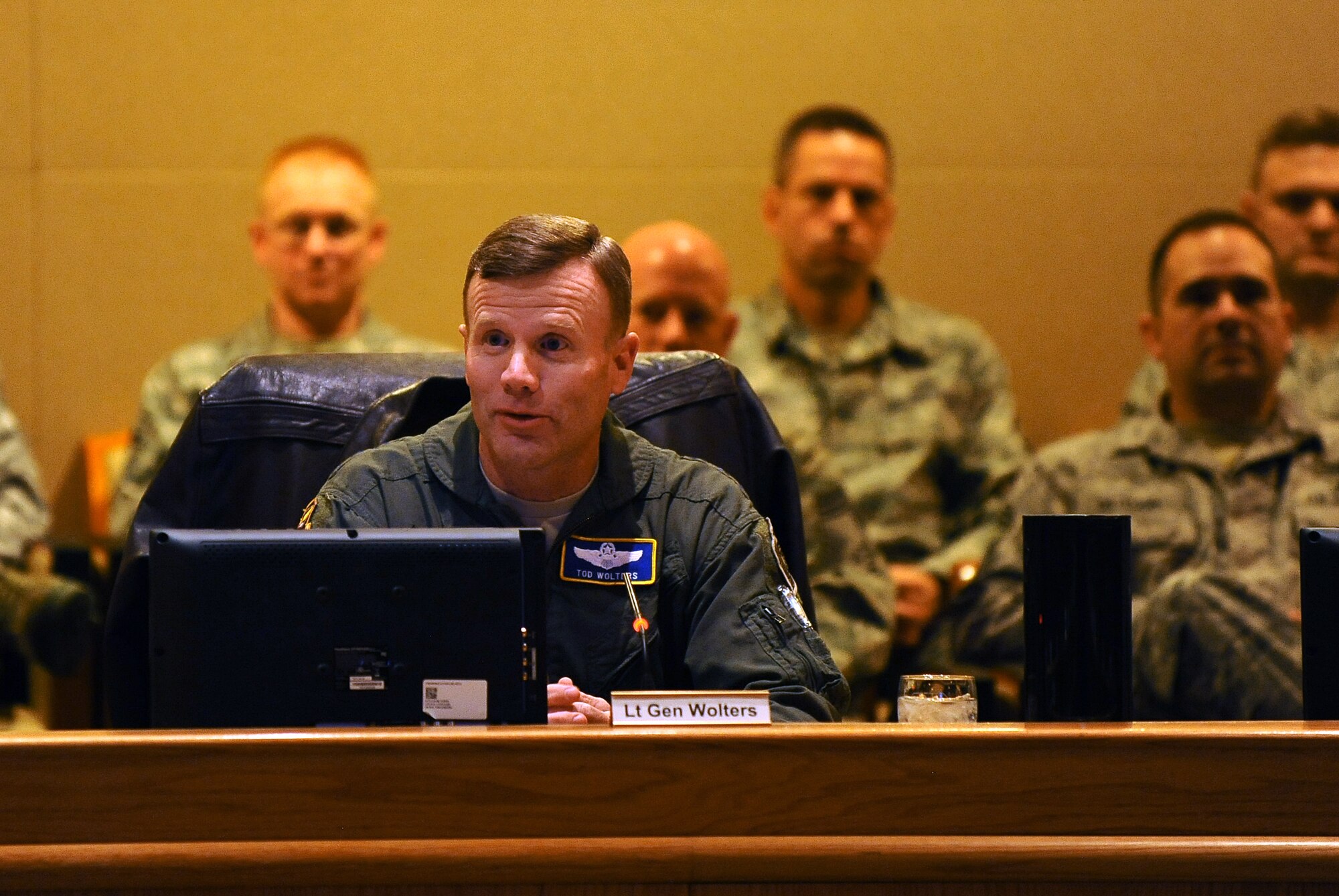 U.S. Air Force Lt. Gen. Tod D. Wolters, 12th Air Force (AFSOUTH) commander, meets with wing leadership at the Dougherty Conference Center shortly after arriving at Offutt Air Force Base, Neb. on Jan. 8. Wolters spent the next 24 hours on a tour of the 55th Wing meeting with the Airmen of the Fightin’ Fifty-Fifth. (U.S. Air Force photo by Josh Plueger/Released)