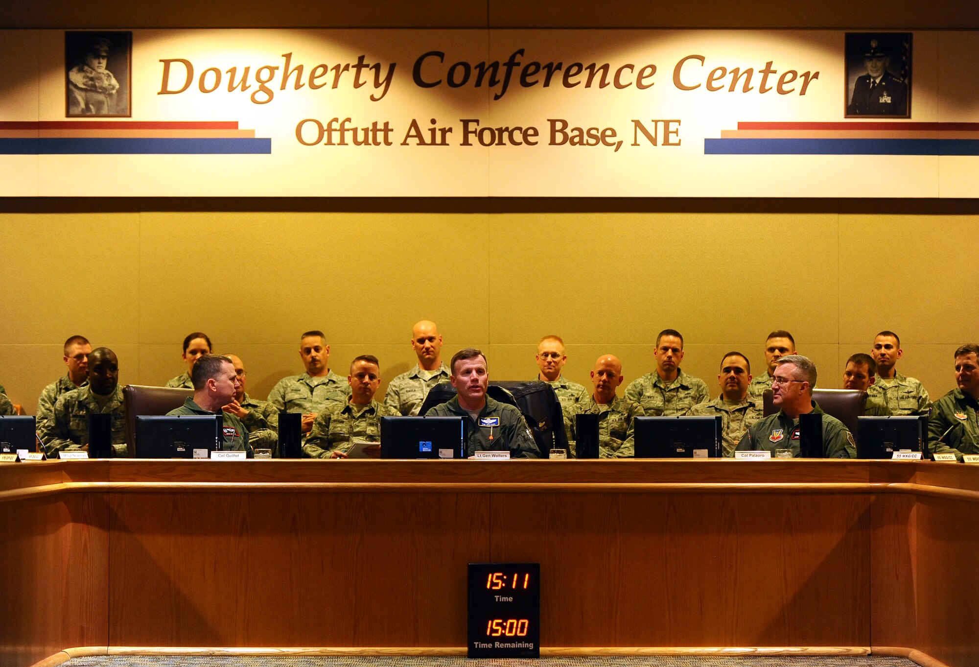 U.S. Air Force Lt. Gen. Tod D. Wolters, 12th Air Force (AFSOUTH) commander, greets the 55th Wing’s leadership in the Dougherty Conference Center Jan. 8 at Offutt Air Force Base, Neb.   This marks the first visit by Wolters to Offutt following his assumption of command in September.  (U.S. Air Force photo by Josh Plueger/Released)