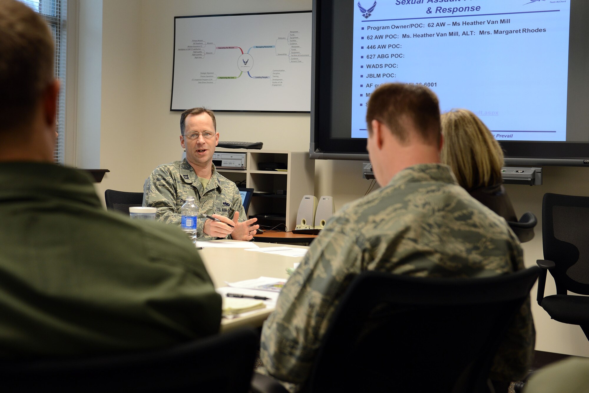 Capt. Shawn Pikul, 62nd Airlift Wing deputy director of Inspector General Inspections, briefs IG personnel Jan. 7, 2013 at Joint Base Lewis-McChord, Wash. Air Force IG members from around JBLM were briefed on bi-laws of inspections programs and areas of responsibility. (U.S. Air Force photo/Airman 1st Class Jacob Jimenez)      