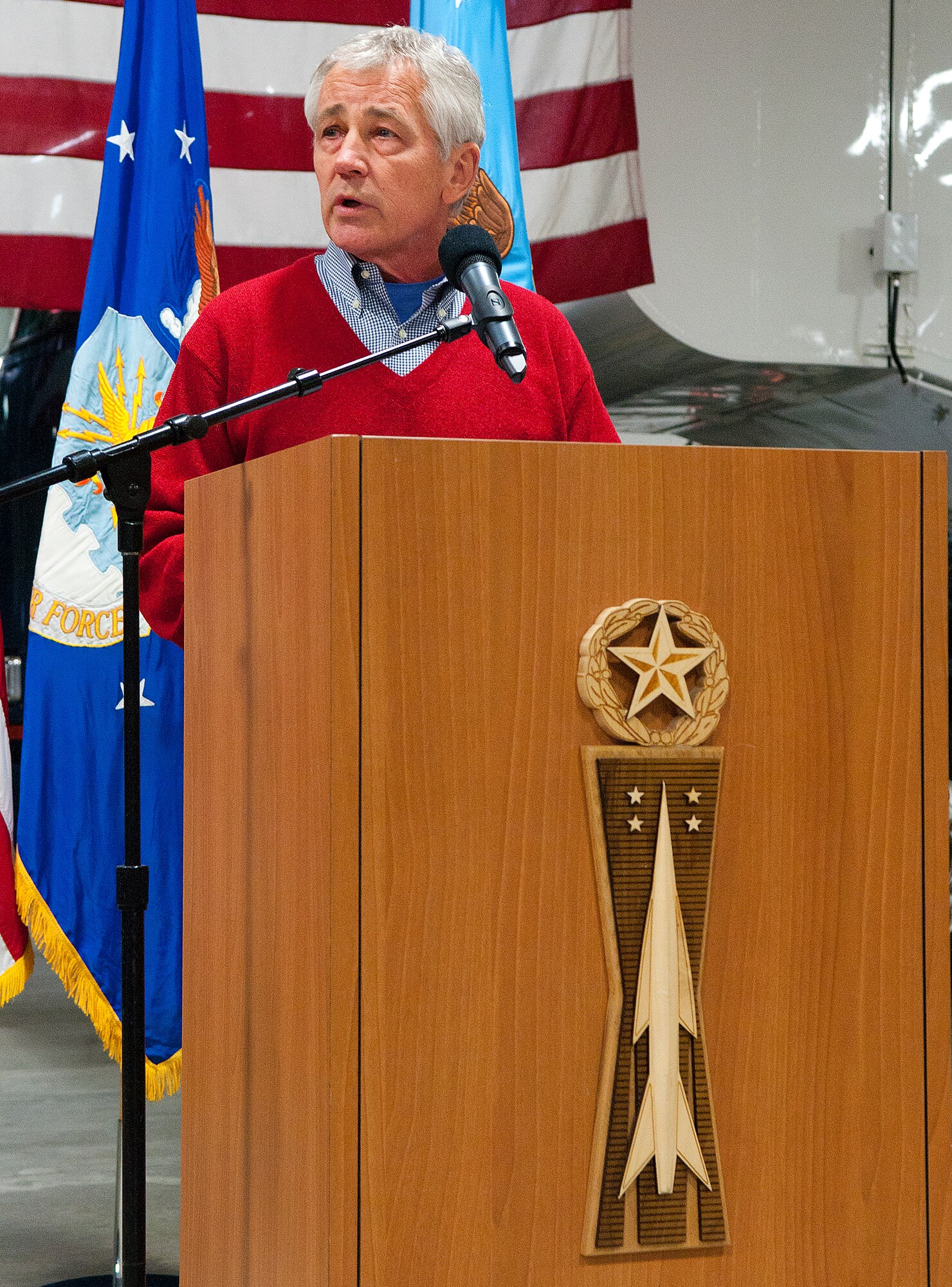 U.S. Defense Secretary Chuck Hagel addresses Airmen of the 90th Missile Wing at F.E. Warren Air Force Base, Wyo., Jan. 9, 2014. Hagel visited Warren AFB to learn about the ICBM mission and the people who operate, maintain, secure and support the Minuteman III weapon system. Hagel took time to speak to Airmen who were selected as top performers by their leadership during an Airmen’s event in the 90th Maintenance Group high bay.  (U.S. Air Force photo by R.J. Oriez)