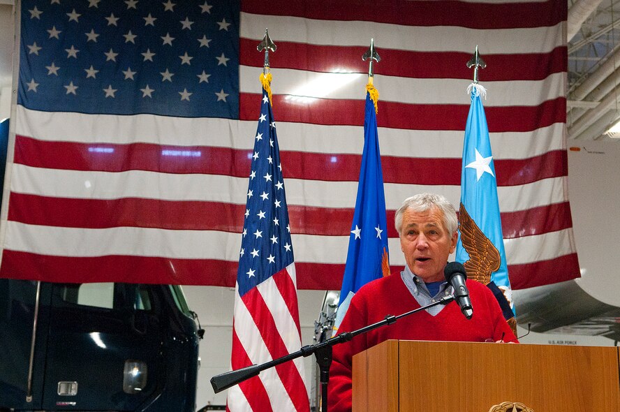 U.S. Defense Secretary Chuck Hagel addresses Airmen of the 90th Missile Wing at F.E. Warren Air Force Base, Wyo., Jan. 9, 2014. Hagel visited Warren AFB to learn about the ICBM mission and the people who operate, maintain, secure and support the Minuteman III weapon system. Hagel took time to speak to Airmen who were selected as top performers by their leadership during an Airmen’s event in the 90th Maintenance Group high bay.  (U.S. Air Force photo by R.J. Oriez)