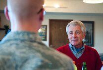U.S. Defense Secretary Chuck Hagel has lunch with Airman 1st Class Justin Buchanan, along with other Airmen of the 790th Missile Security Forces Squadron and the 319th Missile Squadron at the 90th Missile Wing’s Missile Alert Facility E-01 in Kimball County, Neb., Jan. 9, 2014. Hagel visited F.E. Warren Air Force Base, Wyo., and the 90th MW to learn about the ICBM mission and the people who operate, maintain, secure and support the Minuteman III weapon system. (U.S. Air Force photo by R.J. Oriez) 