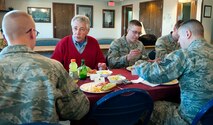 U.S. Defense Secretary Chuck Hagel has lunch with Airmen of the 319th Missile Squadron and the 790th Missile Security Forces Squadron at the 90th Missile Wing’s Missile Alert Facility E-01 in Kimball County, Neb., Jan. 9, 2014. Hagel visited F.E. Warren Air Force Base, Wyo., and the 90th MW to learn about the ICBM mission and the people who operate, maintain, secure and support the Minuteman III weapon system. (U.S. Air Force photo by R.J. Oriez)