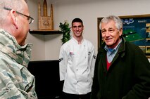U.S. Defense Secretary Chuck Hagel and Maj. Gen. Jack Weinstein, 20th Air Force commander, talk in the lounge of Missile Alert Facility E-01 in Kimball County, Neb., Jan 9, 2014 as the facility’s chef, Airman 1st Class Austen Hively, 319th Missile Squadron, stands by Hagel visited F.E. Warren Air Force Base, Wyo., and the 90th Missile Wing to learn about the ICBM mission and the people who operate, maintain, secure and support the Minuteman III weapon system. (U.S. Air Force photo by R.J. Oriez) 