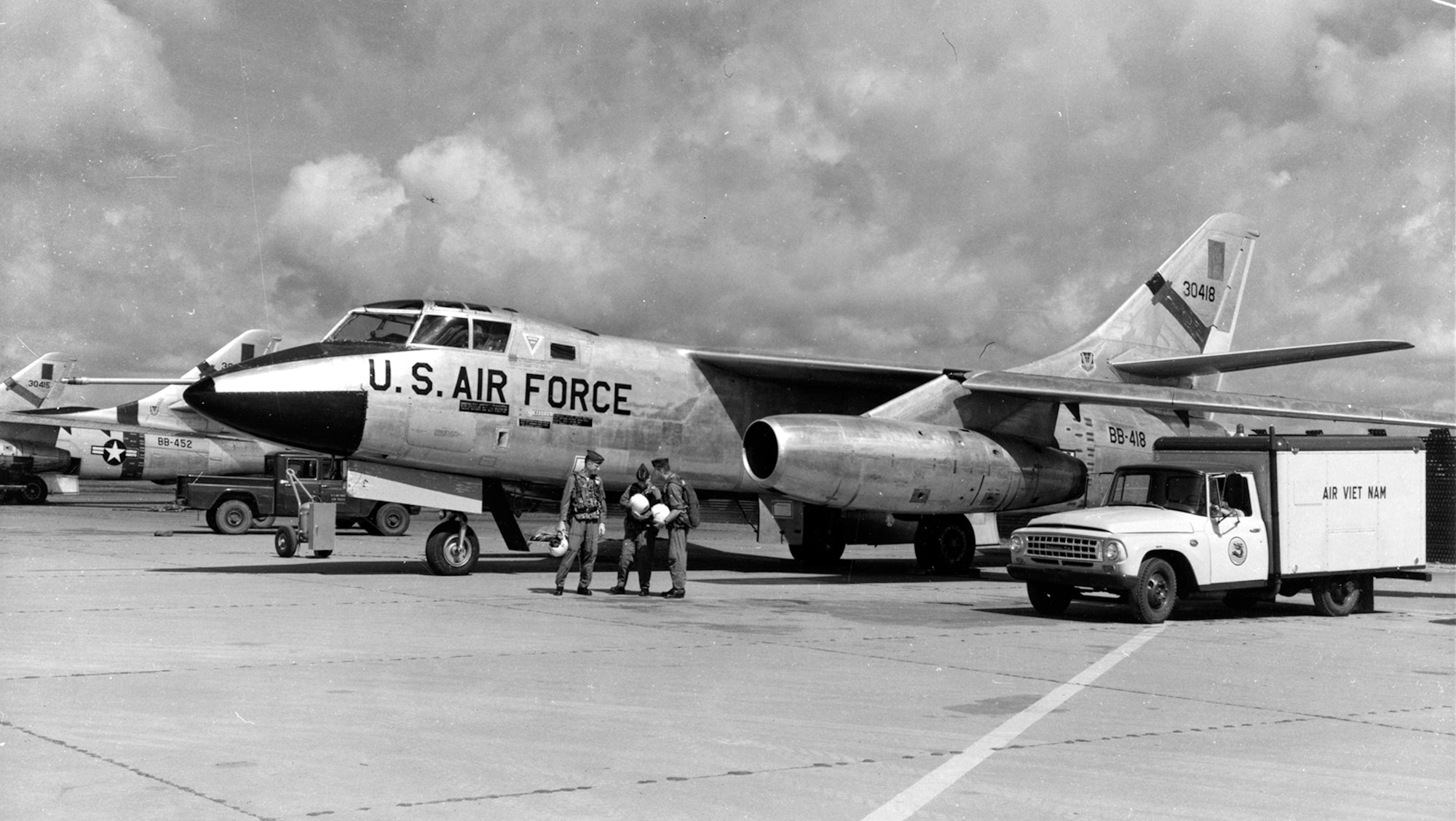 A small number of RB-66Bs -- like the one pictured here at Tan Son Nhut Air Base, South Vietnam -- flew reconnaissance missions in Southeast Asia from 1965-1966. An RB-66B that flew combat missions in Southeast Asia is on display in this gallery. (U.S. Air Force photo)