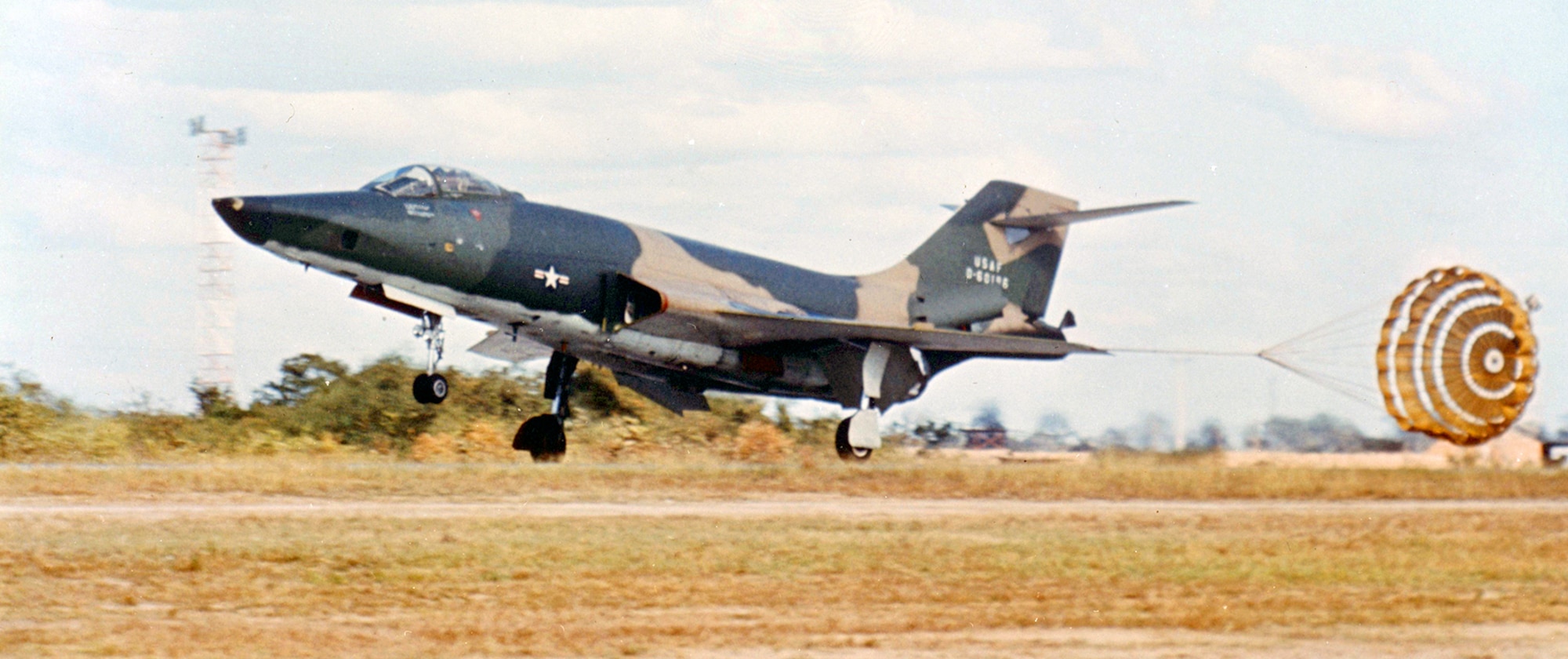 RF-101C pilot deploying the braking parachute upon landing after a mission over North Vietnam in 1967. Flights over North Vietnam were especially hazardous, and many aircraft were shot down. (U.S. Air Force photo)