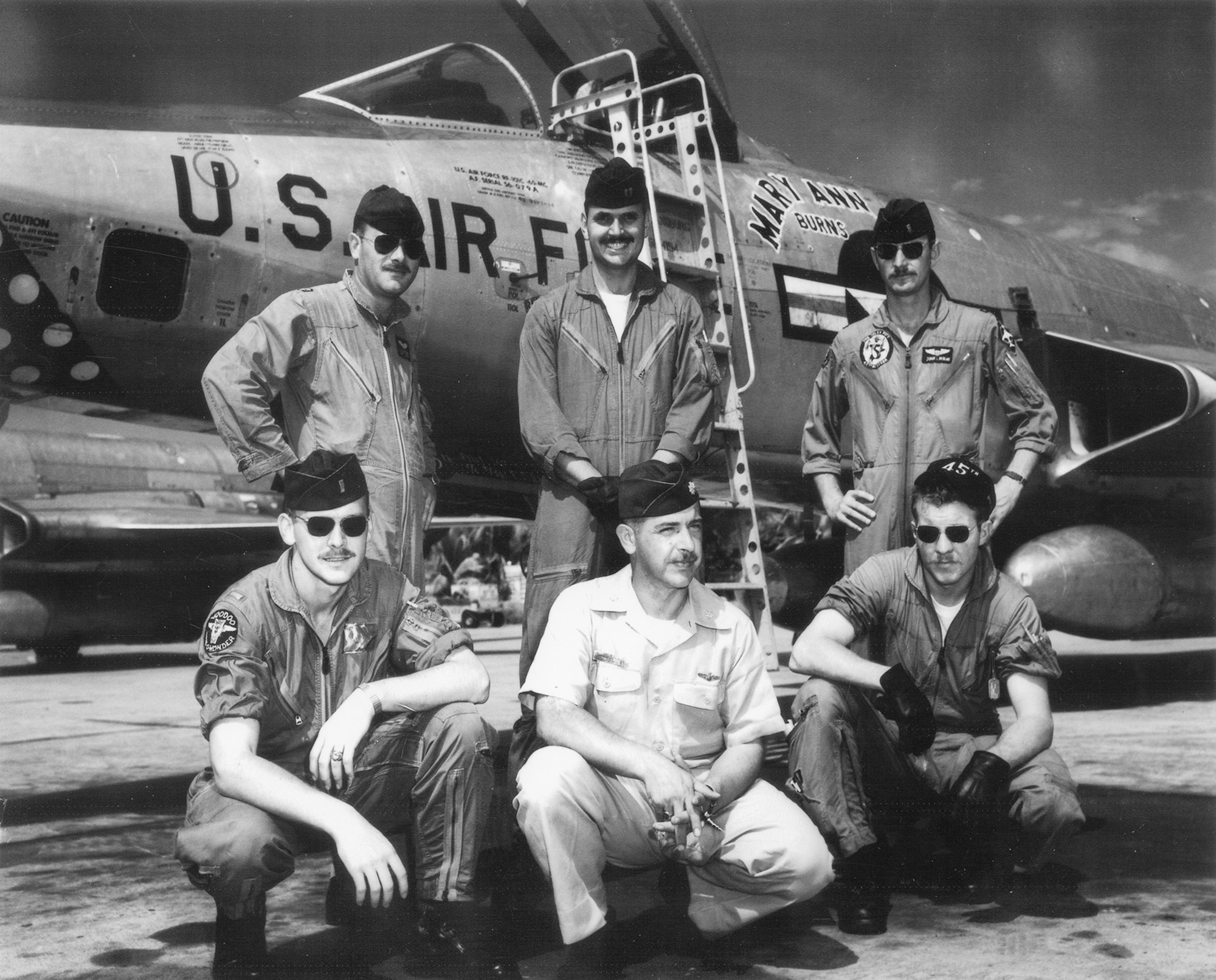 The first ABLE MABLE pilots in front of an RF-101C: Front row (left to right) 1st Lt. Fred Muesegaes, Maj. Ken Harbst and 1st Lt. Jack Weatherby; Back row (left to right) Capt. Ralph DeLucia, Capt. Bill Whitten and 1st Lt. John Linihan. Muesegaes, Weatherby, Linihan and Whitten also flew RT-33A PROJECT FIELD GOAL missions. (U.S. Air Force photo)