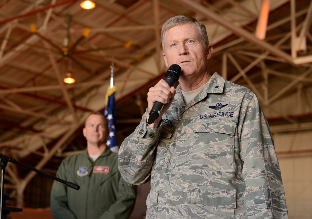 Brigadier General Greg Ferguson addresses Oklahoma Air National Guard members during the 138th Fighter Wing Commander's Call held January 12, 2014.  (U.S. National Guard photo by:  Master Sergeant Mark A. Moore/Released)