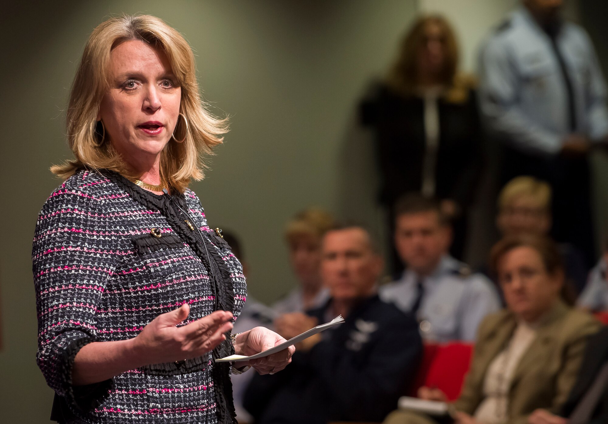 Secretary of the Air Force Deborah Lee James talks to a gathering of uniformed and civilian Airmen during her first town hall meeting as the Air Force's senior most civilian leader Jan. 9, 2014, in the Pentagon auditorium, Washington, D.C. President Barack Obama nominated James to be the top Air Force civilian in August 2013 and she was sworn in as the 23rd Secretary of the Air Force on Dec. 20, 2013. (U.S. Air Force photo/Jim Varhegyi) 

