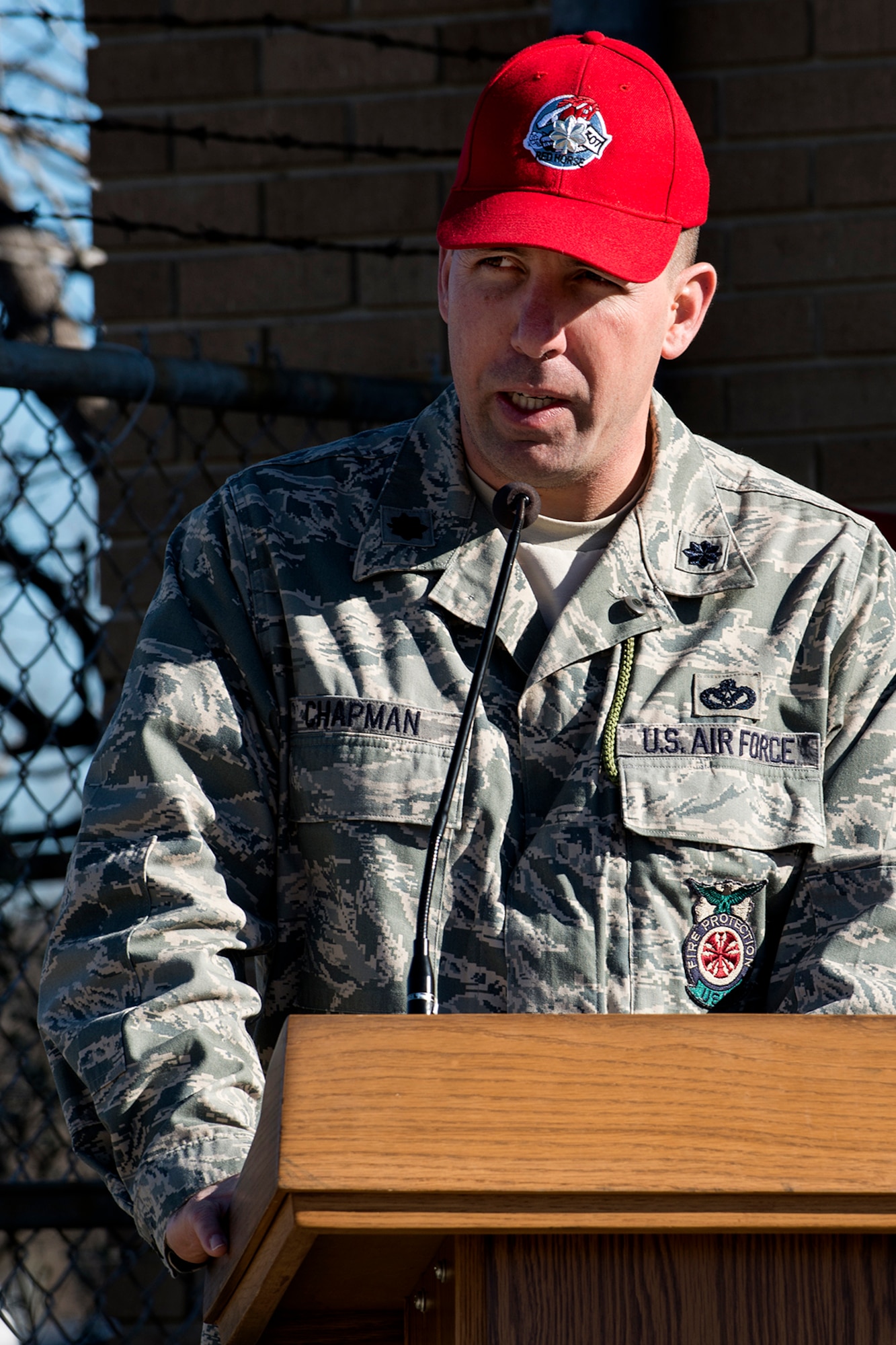 U.S. Air Force Lt. Col. Charles Chapman III speaks during an Assumption of Command ceremony, Jan. 12, 2014, Barksdale Air Force Base, La. Chapman assumed command of the 307th Rapid Engineer Deployable Heavy Operational Repair Squadron Engineers. (U.S. Air Force photo by Master Sgt. Greg Steele/Released)