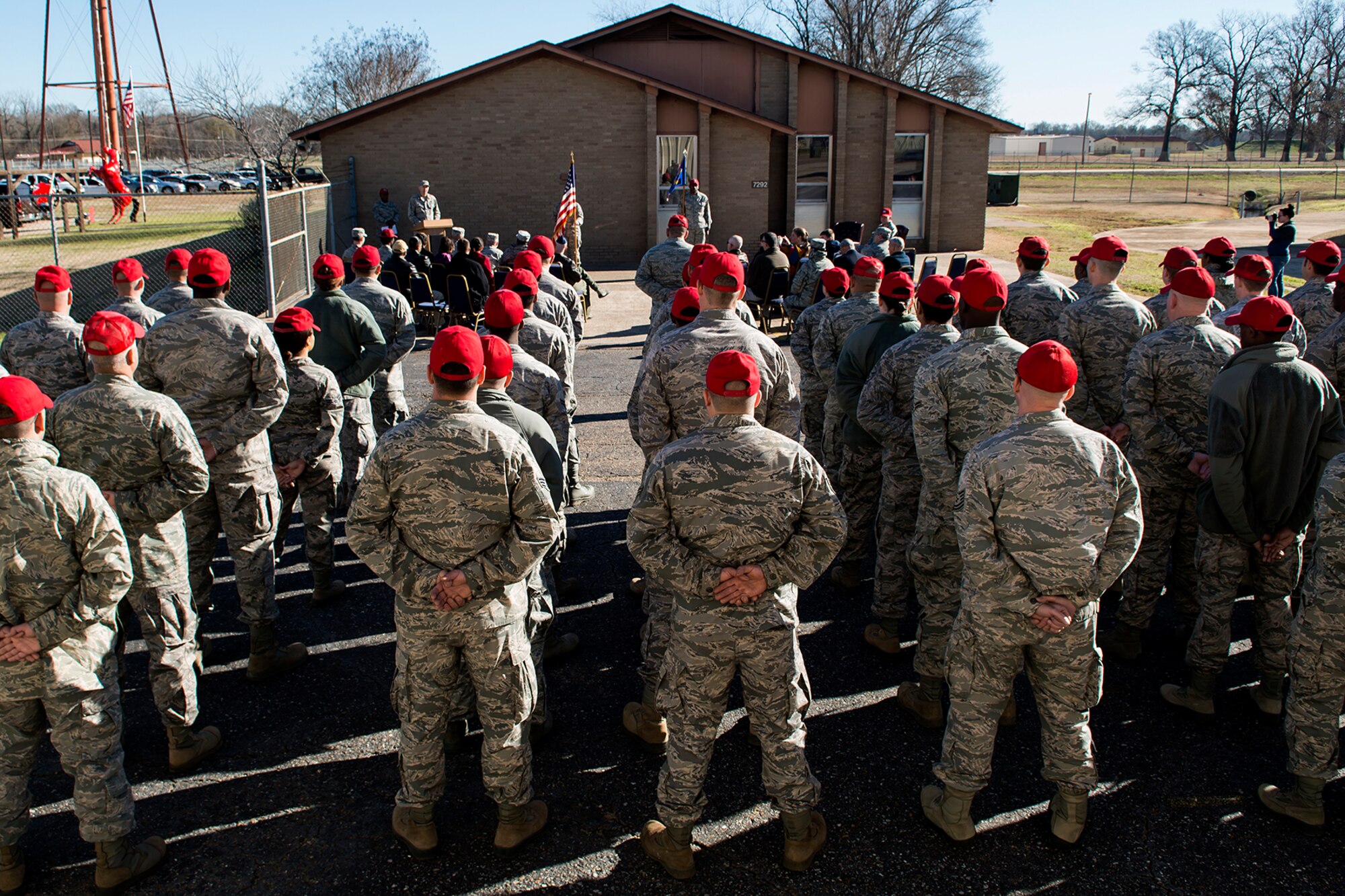 Family, friends and members of the 307th Rapid Engineer Deployable Heavy Operational Repair Squadron Engineers (RED HORSE) attend an Assumption of Commander ceremony, Jan. 12, 2014, Barksdale Air Force Base, La. U.S. Air Force Lt. Col. Charles Chapman III assumed command of the squadron, which is comprised of over 200 personnel across multiple career field including Civil Engineers, Security Forces, Force Support, Medical and Logistical Readiness. (U.S. Air Force photo by Master Sgt. Greg Steele/Released)