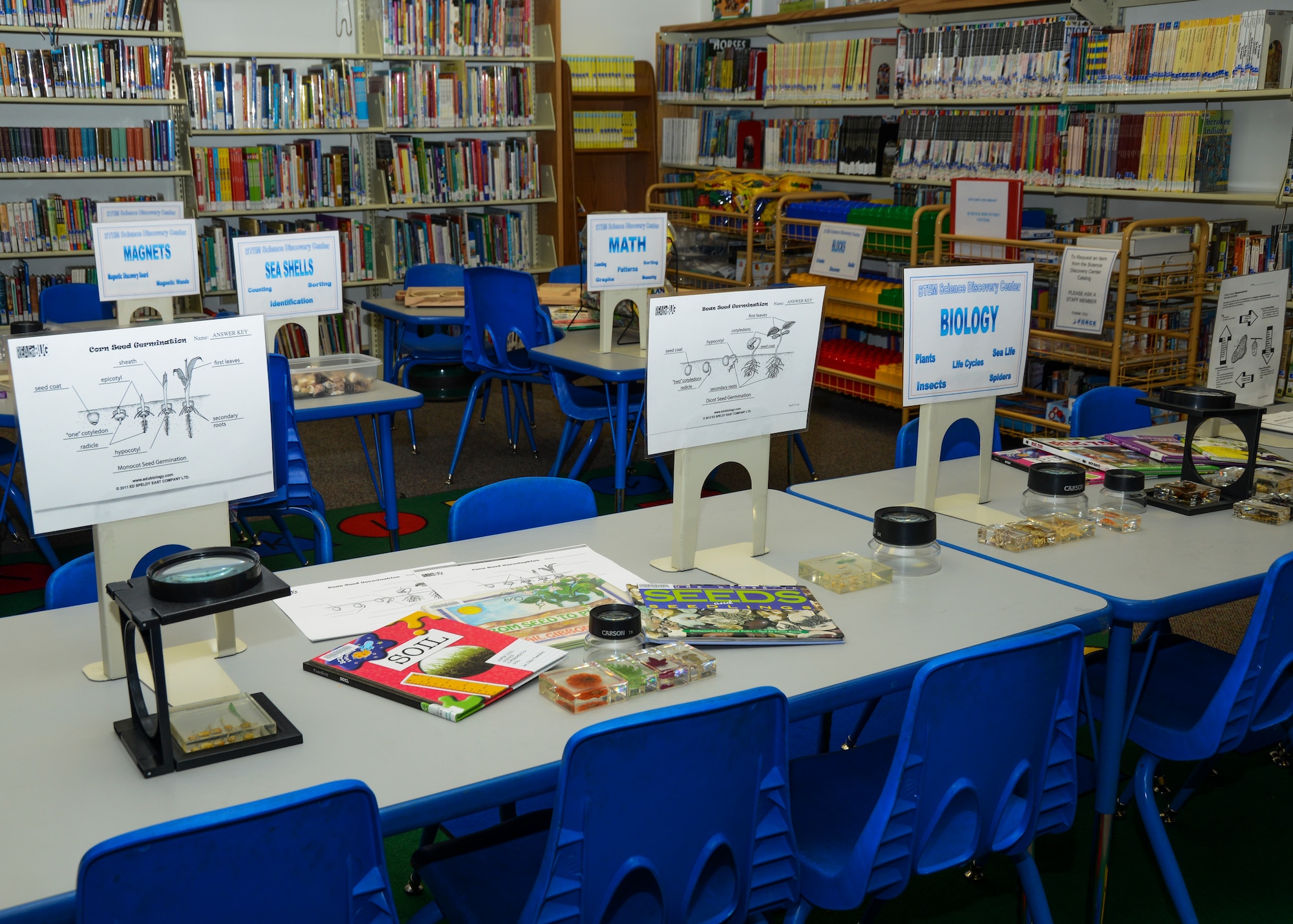 The center features various materials to teach a range of scientific topics such as plant and animal life cycles, magnets, rocks and fossils. (U.S. Air Force photo by Rebecca Amber)