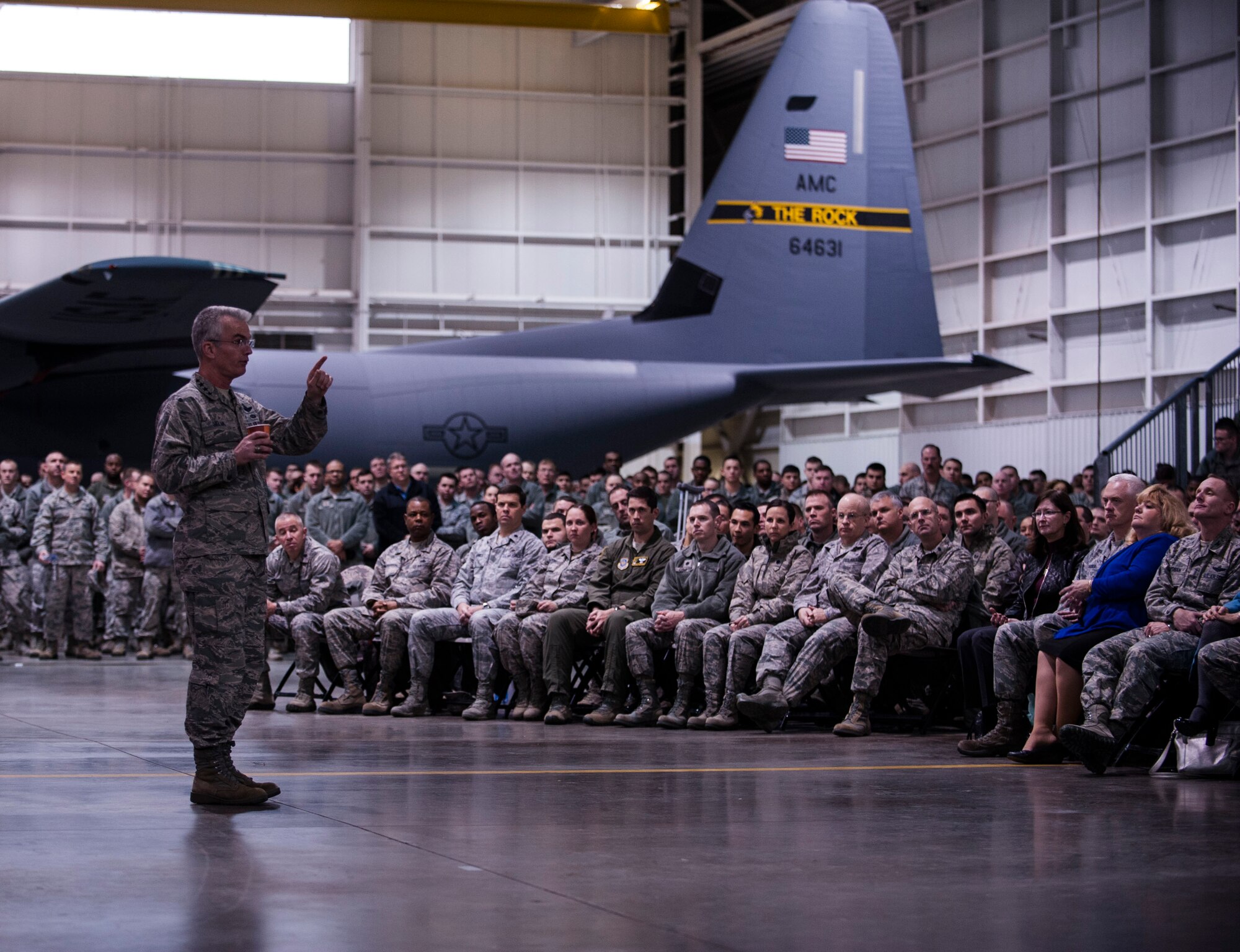 Gen. Paul Selva, Air Mobility Command commander, hosts an all-call at Hangar 276 Jan. 8, 2014, at Little Rock Air Force Base, Ark. Selva spoke on Air Force related topics and then opened the floor for questions. (U.S. Air Force photo by Airman 1st Class Cliffton Dolezal)