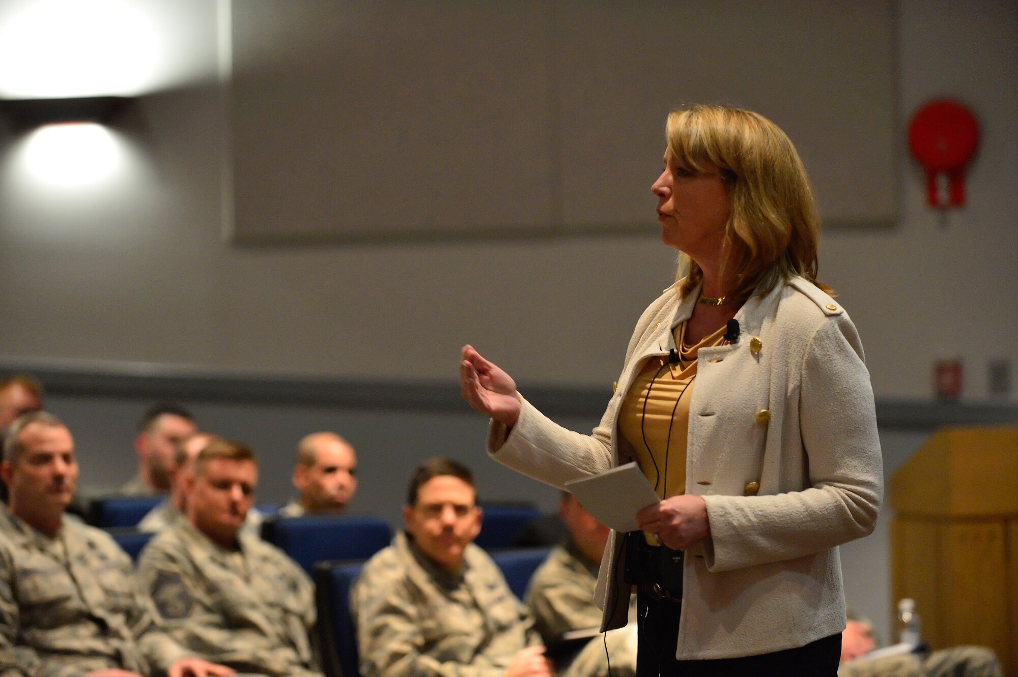 Secretary of the Air Force Deborah Lee James addresses Team Dover Airmen Jan. 10, 2014, at the Base Theater on Dover Air Force Base, Del. James spoke to base personnel about the future of the Air Force. (U.S. Air Force photo/Staff Sgt. Elizabeth Morris)