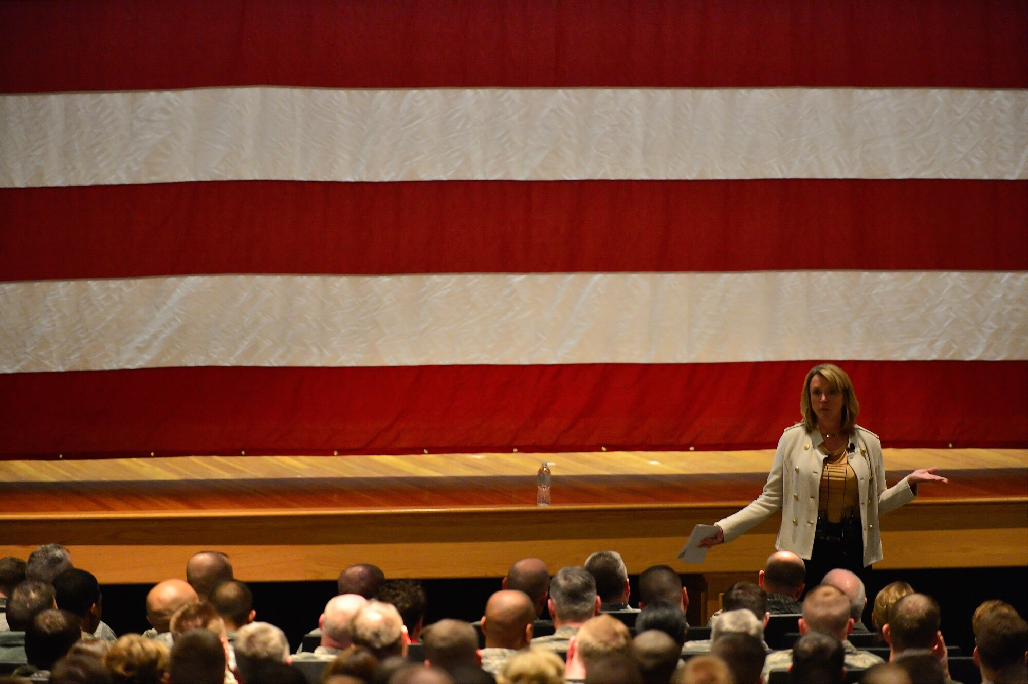 Secretary of the Air Force Deborah Lee James talks with Team Dover Airmen at the base theater Jan. 10, 2014, on Dover Air Force Base, Del. This is the SecAF's first official visit to an Air Force installation since her confirmation in December 2013. (U.S. Air Force photo/Staff Sgt. Elizabeth Morris)