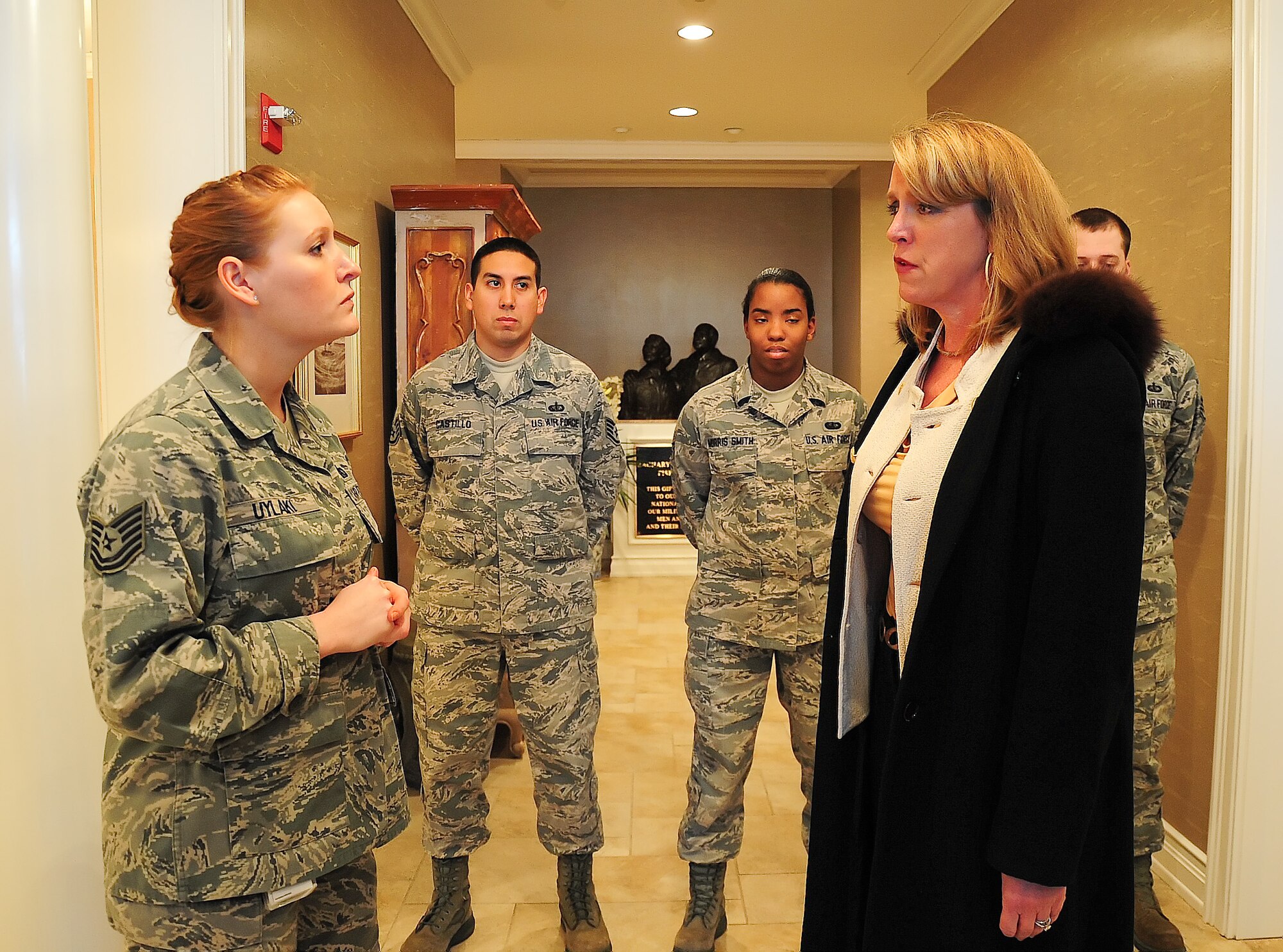 Secretary of the Air Force Deborah Lee James (right)  talks with Tech. Sgt. Cheryl Uylaki, Air Force Mortuary Affairs Operations, inside the Fisher House on Dover Air Force Base, Del., Jan. 10, 2014. The SecAF is visiting Air Force bases to speak with Airmen to gain a better understanding of the various missions and to speak with Airmen about the Air Force and its future. (U.S. Air Force photo/Airman 1st Class Ashlin Federick) 