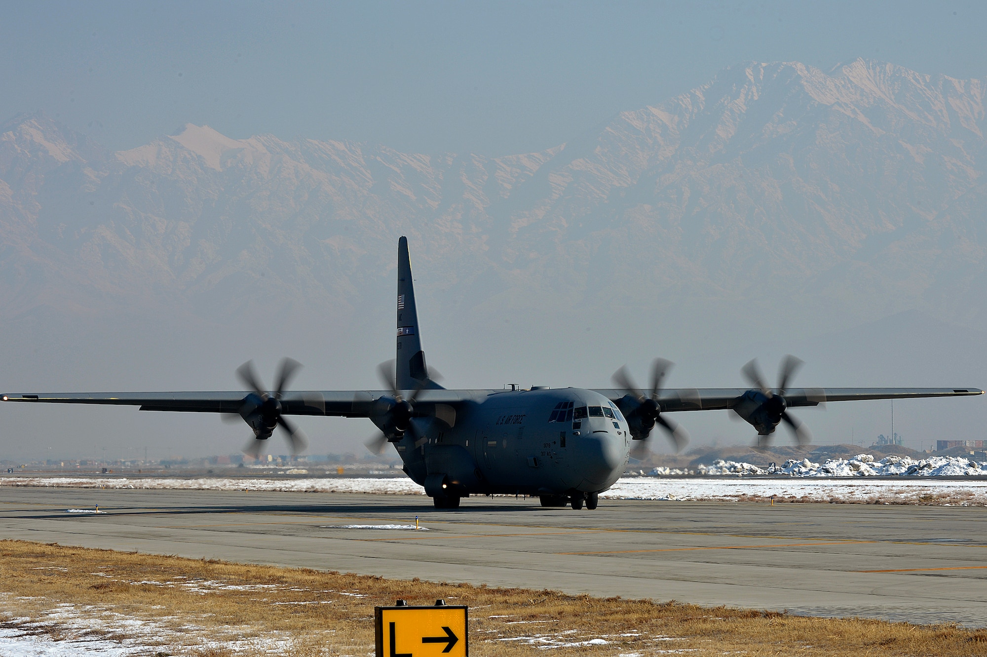 The first of the C-130J Super Hercules arrives at Bagram Airfield, Afghanistan, Jan. 9, 2013.  The C-130J Super Hercules, from Dyess Air Force Base, Texas, takes over at Bagram Airfield for the departing C-130 Hercules. (U.S. Air Force photo by Senior Airman Kayla Newman/Released)