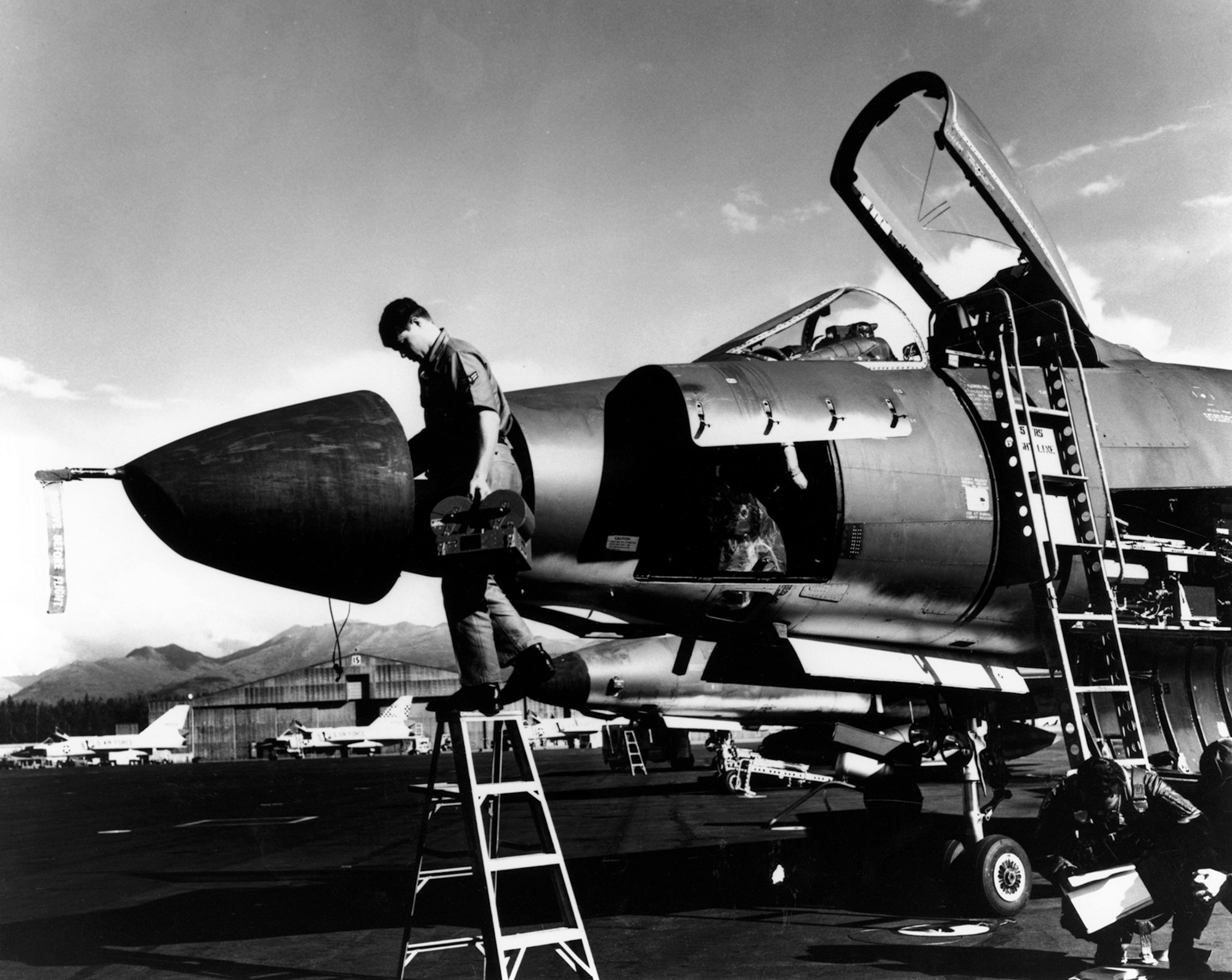 Kentucky Guardsman of the 123rd Tactical Reconnaissance Wing working on the cameras of an RF-101H at Elmendorf AFB, Alaska. Activated in January 1968, the 123rd TRW conducted operations in Alaska, Panama, Japan and South Korea. (U.S. Air Force Photo)