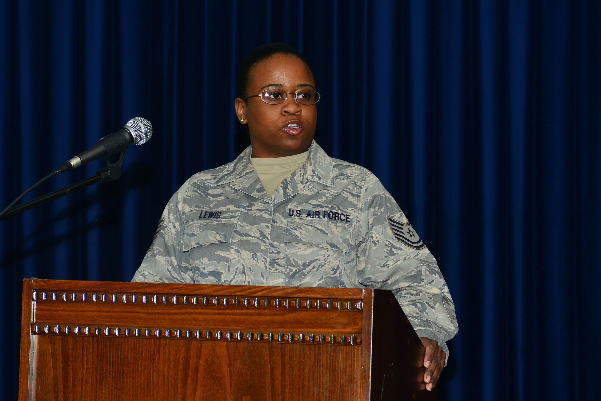 Tech. Sgt. Nikki Lewis, 39th Logistics Readiness Squadron hazardous materials pharmacy NCO in charge, recites and excerpt of Dr. Martin Luther King Jr.’s “I Have a Dream” speech at the 2014 MLK remembrance ceremony in honor of King Jan. 10, 2014, at Incirlik Air Base, Turkey. Members of the Incirlik community gathered to celebrate the legacy of King with a luncheon. (U.S. Air Force photo by Staff Sgt. Eric Summers Jr./Released)