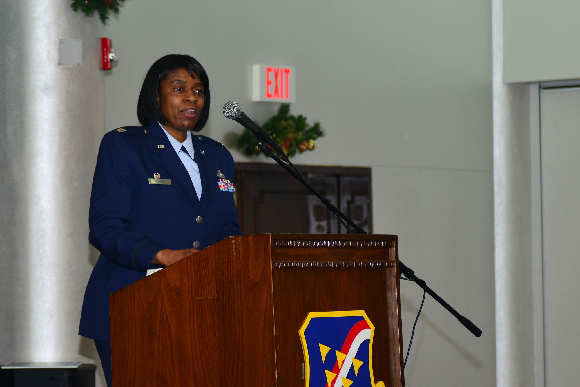 Lt. Col. Bernadette Bowman, 39 Force Support Squadron commander, speaks to an audience at the 2014 MLK remembrance ceremony in honor of Dr. Martin Luther King Jr. Jan. 10, 2014, at Incirlik Air Base, Turkey. The ceremony was held to honor the contributions that King made to the civil rights movement and to celebrate the progress made since his famous “I Have a Dream” speech in 1963. (U.S. Air Force photo by Staff Sgt. Eric Summers Jr./Released)