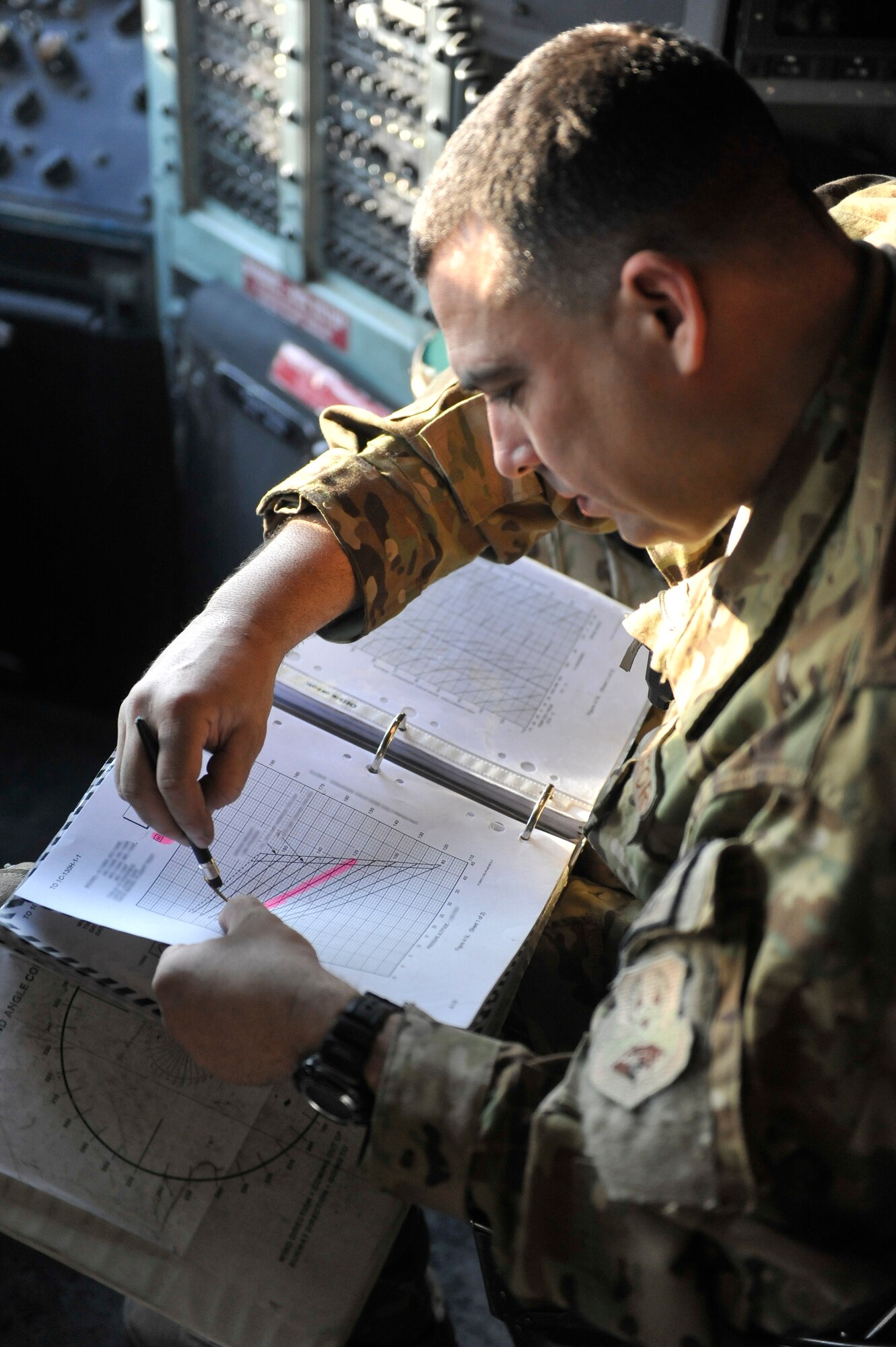 U.S. Air Force Staff Sgt. David Billings, C-130 flight engineer, consults charts to calculate the Take-Off and Landing Data (TOLD) for his flight out of Bagram Airfield, Afghanistan, Jan. 9, 2013. Billings was on the first of the C-130H model aircraft to permanently relocate out of Bagram to make room for the newer C-130J model aircraft.(U.S. Air Force photo by Senior Master Sgt. Gary J. Rihn/Released)(Data on chart was intentionally blurred)