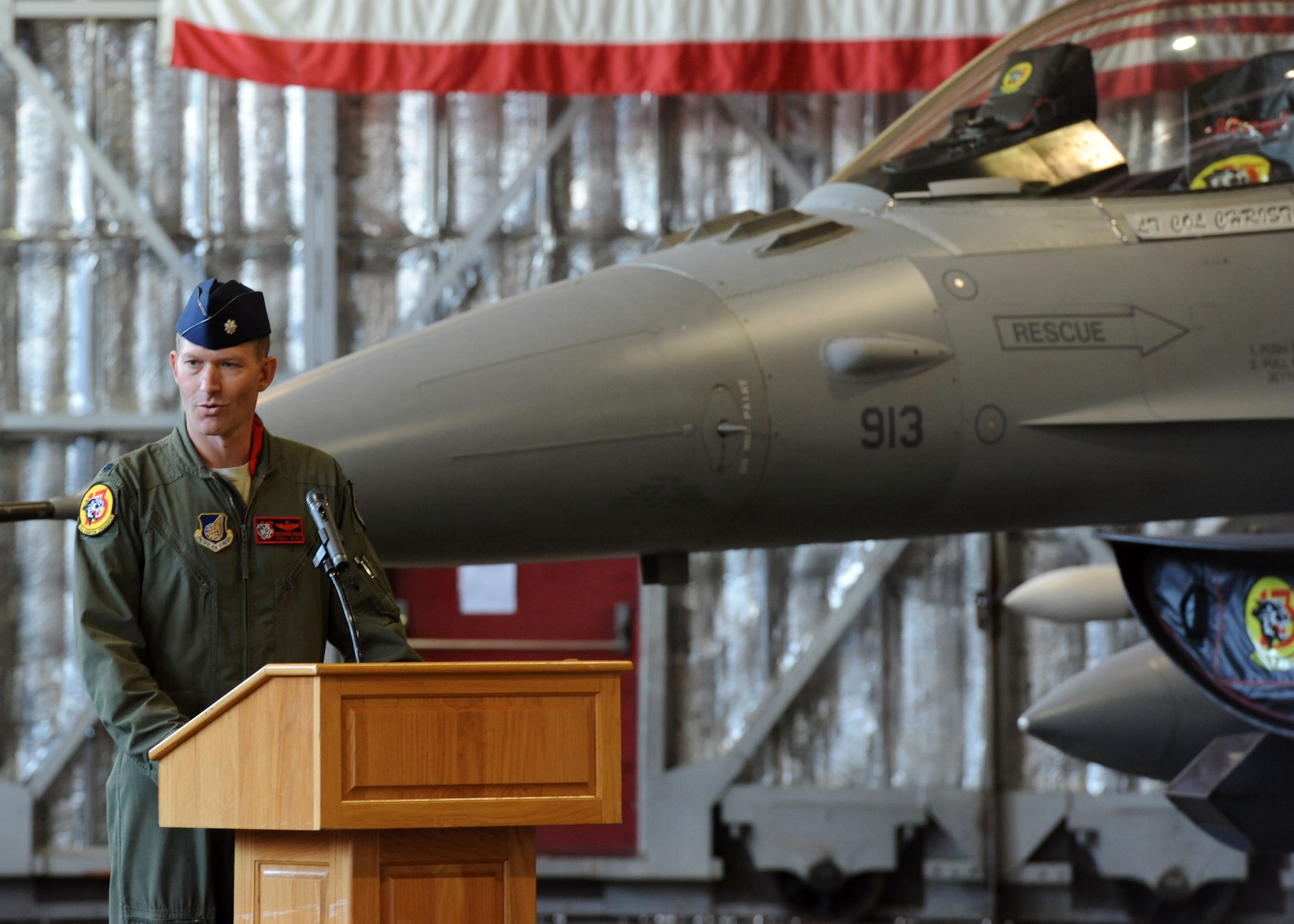 Lt. Col. Kristopher Struve, 13th Fighter Squadron commander, addresses members of his unit during the squadron’s change of command ceremony Jan. 13, 2014, at Misawa Air Base, Japan. As commander of the 13 FS, Struve is responsible for overseeing the squadron’s Suppression of Enemy Air Defenses mission and continuing the squadron’s legacy that dates back to 1966. (U.S. Air Force photo/Staff Sgt Alyssa C. Wallace)