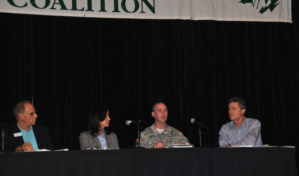 U.S. Army Corps of Engineers Jacksonville District Commander Col. Alan Dodd spoke on the “Where is all the Water Coming From? A Coastal Perspective on Solutions for Water Management in the Northern Everglades and Lake Okeechobee” panel   Jan. 11, 2014, at the Everglades Coalition Conference in Naples, Fla.  Also serving on the panel were (from left) Mark Perry of the Florida Oceanographic Society, Florida Sen. Lizbeth Benacquisto, (not pictured) South Florida Water Management District Governing Board Member Mitch Hutchcraft and Drew Bartlett of the Florida Department of Environmental Protection. Eric Draper (right) from Audubon of Florida moderated the panel.