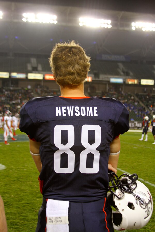 CARSON, CA – Tyler Newsome, a punter and kicker for the East team, looks on during the Semper Fidelis All-American Bowl at The StubHub Center in Carson, Calif., Jan. 5. Newsome, a native of Carrollton, GA, is committed to the University of Notre Dame. The Semper Fidelis All-American Bowl brings together 90 high school athletes from across the country who have demonstrated success both on and off the field. The bowl will bring selected players together with U.S. Marines and high school football coaches to develop skills not only important to football, but throughout life, such as leadership, self-confidence and teamwork. (U.S. Marines Corps photo by Cpl. Courtney G. White/released)