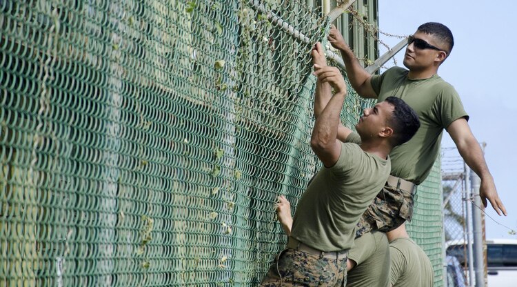 Members of 2nd Battalion, 3rd Marine Regiment clear overgrown weeds from their fence during Malama Ka Aina, Dec. 3, 2013. During Malama Ka Aina, a biannual event at Marine Corps Base Hawaii, all units aboard the base participate in major cleaning efforts, from retrieving garbage in the waterways to clearing weeds and sweeping the sidewalks. (U.S. Marine Corps photo by Kristen Wong)