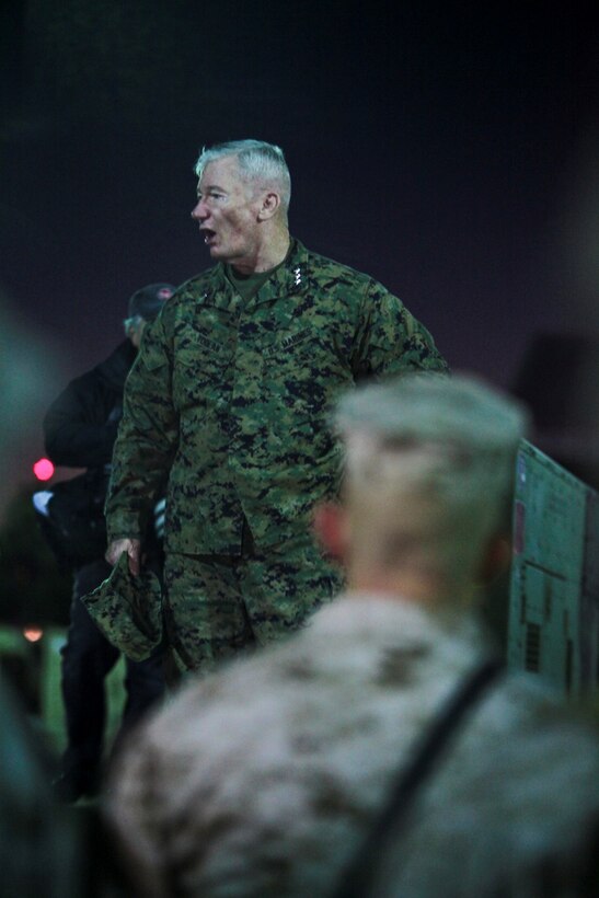 Lt. Gen. John A. Toolan, commanding general of I Marine Expeditionary Force, addresses Marines and Sailors as they prepare to depart Camp Pendleton, Calif., Jan. 13. Nearly 140 of the I MEF (Fwd) command element’s 300 Marines and Sailors said goodbye to family and friends as they departed for Camp Leatherneck and Camp Bastion in Afghanistan.
