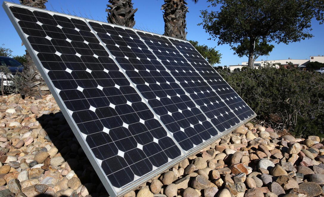 A Solar panel gathers light from the sun to provide energy aboard Marine Corps Air Station Miramar, Calif., Jan. 13. These panels perform one of two jobs aboard the installation, warming water used by service members in their homes or at the barracks, or storing solar energy to bolster power supplied by methane-powered generators at the Miramar Landfill.