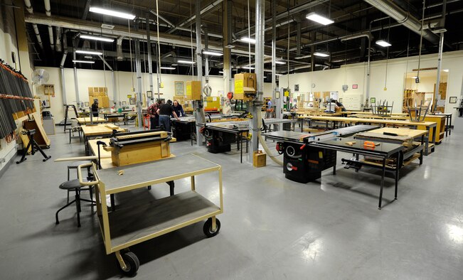 An overall view of the wood craft center at Fairchild Air Force Base, Wash., Jan. 10, 2014. The industrialized sized wood craft center has the capability for a wood worker to construct just about any project they can build. (U.S. Air Force photo by Airman 1st Class Ryan Zeski/Released)