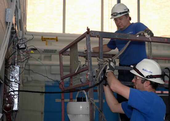 Casey Curtis and Kyle Macziewski, Muth Electric Inc. technicians, prepare to install a new circuit panel board in the Bellamy Fitness Center at Ellsworth Air Force Base, S.D., Jan. 6, 2014. The panel board will provide the fitness center’s cardio and weight room with power. (U.S. Air Force photo by Airman 1st Class Rebecca Imwalle/ Released)