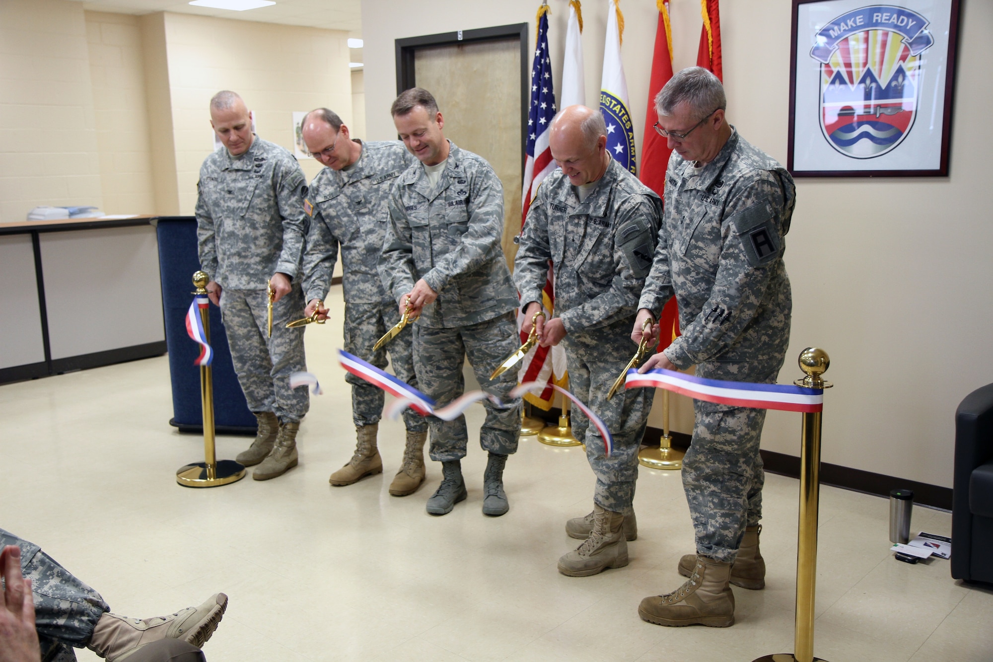 (From left to right) U.S. Army Col. Donald Stenzel, deputy commander of the
78th Training Division, Col. Jeffrey Doll, commander from ASA Dix, U.S. Air
Force Col. James Hodges, 87th Air Base Wing Commander, Brig. Gen. John H.H.
Turner III, commander of the Atlantic Division of the 75th Training Command,
and Maj. Gen. Michael Smith, Deputy Commanding General of First Army cut the
ribbon which officially opens the new Mission Training Complex located on
Joint Base McGuire-Dix-Lakehurst, N.J. Jan 12, 2014. The MTC is the hub for
the Atlantic Division's constructive and virtual training, and is currently
being used as the Exercise Control for the 78th Training Division's Warrior
Exercise "Arctic Lightning." (U.S. Army photo by Spc. Philip Scaringi/Released)