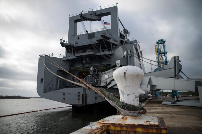 The USNS Pomeroy (T-AKR-316) is docked at Wharf Alpha, Jan. 10, 2014, at the Joint Base Charleston – Weapons Station, S.C.  The Pomeroy is one of 19 large, medium roll-on and roll-off ships belonging to the Navy’s Military Sealift Command and is capable of carrying an entire United States Army Armor Task Force; the ship’s decks have space for securing helicopters, tanks, trucks and other large vehicles, including 900-plus associated battalion support vehicles. (U.S. Air Force photo/Senior Airman Ashlee Galloway)