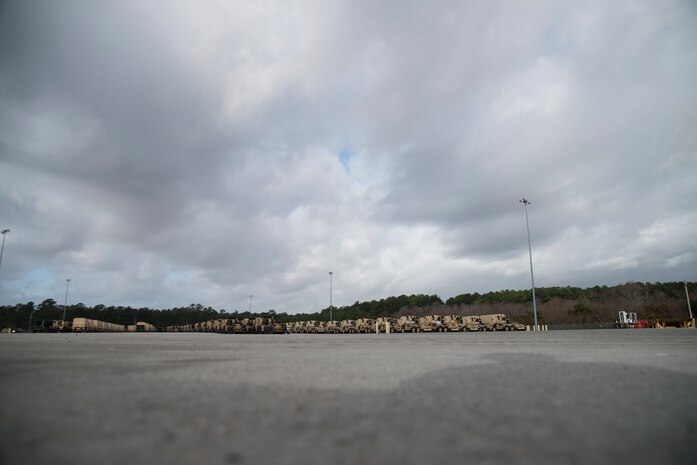 Mine-Resistant Ambush Protected vehicles sit in a lot before proceeding to the Army Strategic Logistics Activity Charleston Jan. 10, 2014, at the Joint Base Charleston – Weapons Station, S.C.  (U.S. Air Force photo/Senior Airman Ashlee Galloway)