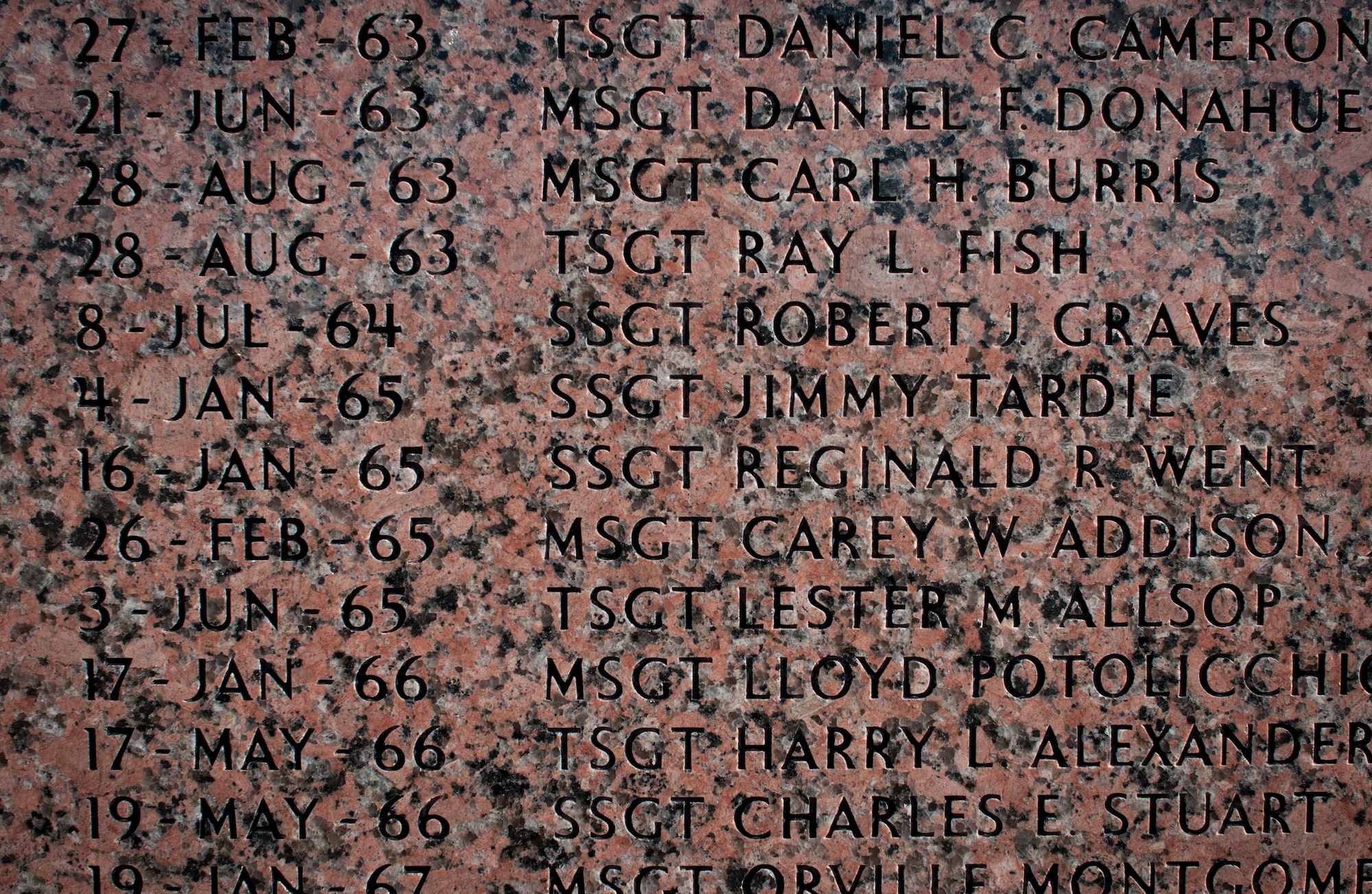 ALTUS AIR FORCE BASE, Okla. – Names of fallen boom operators are shown engraved on the boom operator memorial in Wings of Freedom Park, Jan. 10, 2014. The memorial lists the names of fallen Airmen who flew on four different airframes, including the KB-29 Superfortress, KB-50 Superfortress, KC-97 Stratofreighter and KC-135 Stratotanker. (U.S. Air Force photo by Staff Sgt. Nathanael Callon/Released)