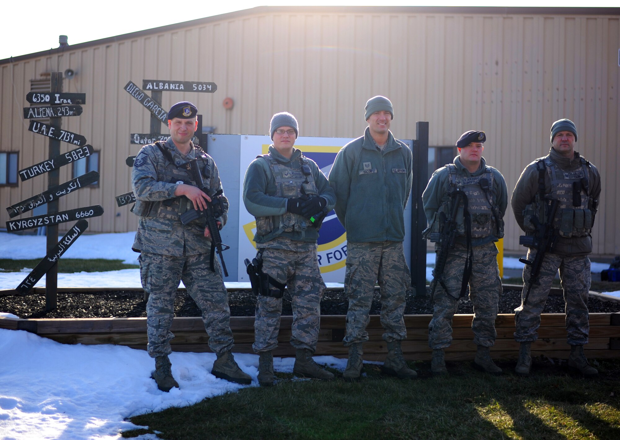 Airmen from the 180th Fighter Wing Security Forces Squadron, Ohio Air National Guard, teamed up with the Swanton Lions Club to deliver gifts to children this holiday season. The 180th FW is dedicated to continuing the long-standing tradition of giving back to those communities who support the wing. Pictured from left to right; Master Sgt. Scott Batch, Staff Sgt. Cody McLuckie, Tech. Sgt. Russell Bacon, Staff Sgt. Marc Robertson and Tech. Sgt. Jeff Carr. (Ohio Air National Guard photo by Staff Sgt. Amber Williams/Released) 