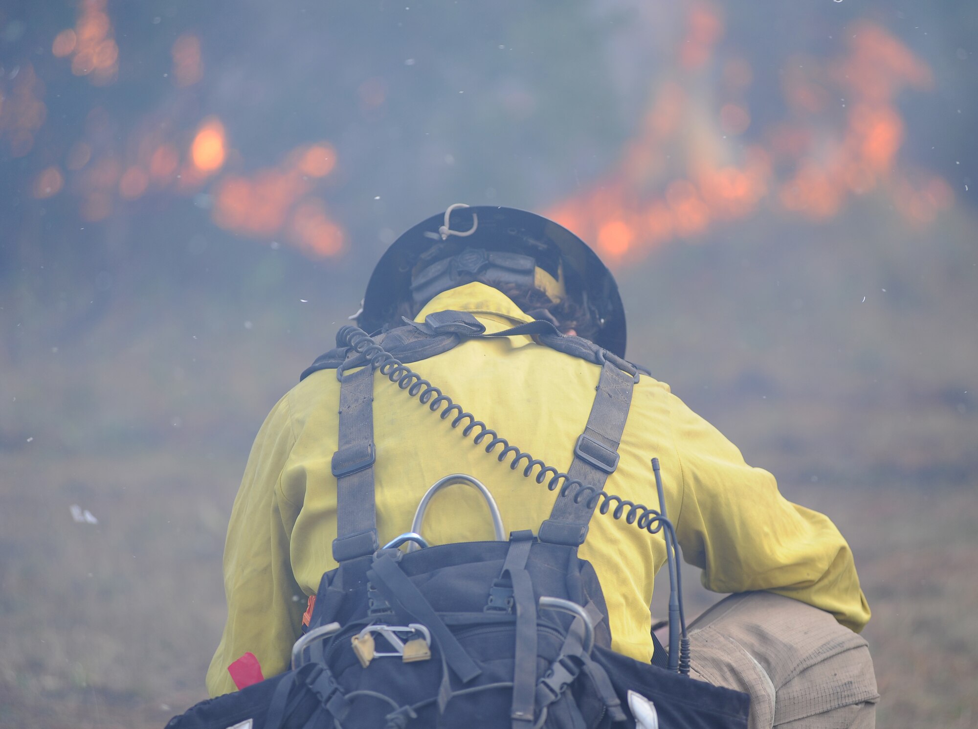 A U.S. Forest Service fire detailer, crouches during a prescribed burn Nov. 21 at the Silver Flag Exercise Site, Tyndall Air Force Base, Fla. The burns clear undergrowth and allow for healthier forests while lowering the possibility of wildfires. (U.S. Air Force photo by Airman 1st Class Alex Echols)