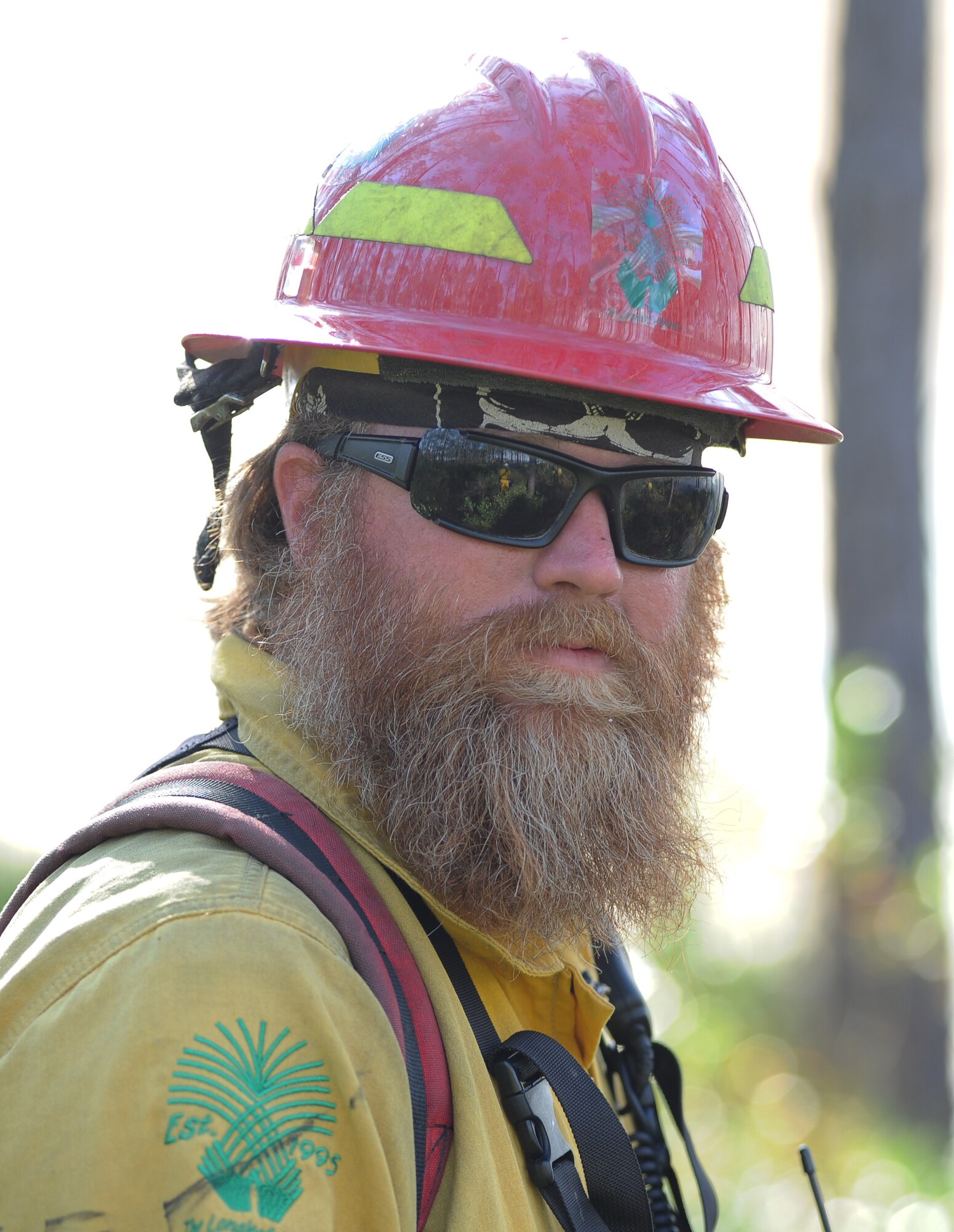 Brian Schuman, U.S. Forest Service fire detailer, looks back during a prescribed burn Nov. 21 at the Silver Flag Exercise Site, Tyndall Air Force Base, Fla. The burns clear undergrowth and allow for healthier forests while lowering the possibility of wildfires. (U.S. Air Force photo by Airman 1st Class Alex Echols)