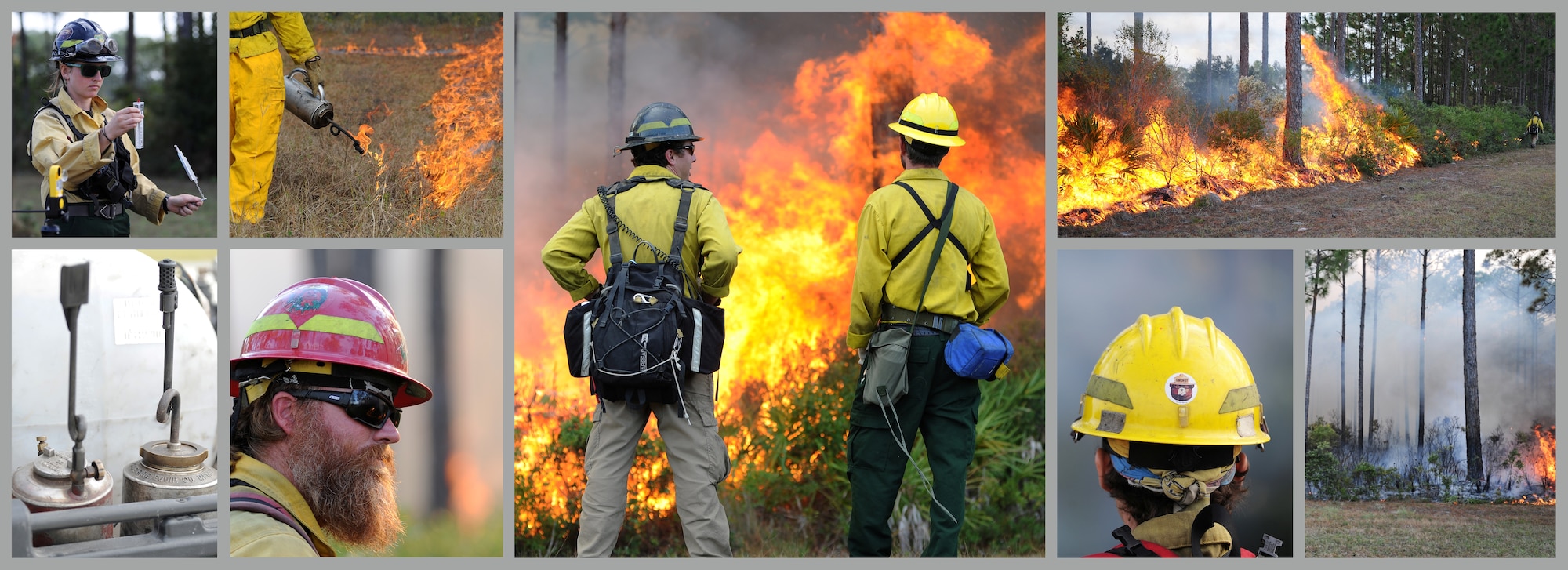 Fire detailers from the U.S. Forest Service conduct a prescribed burn Nov. 21 at the Silver Flag Exercise Site, Tyndall Air Force Base, Fla. The burns clear undergrowth and allow for healthier forests while lowering the possibility of wildfires. (U.S. Air Force photo by Airman 1st Class Alex Echols)