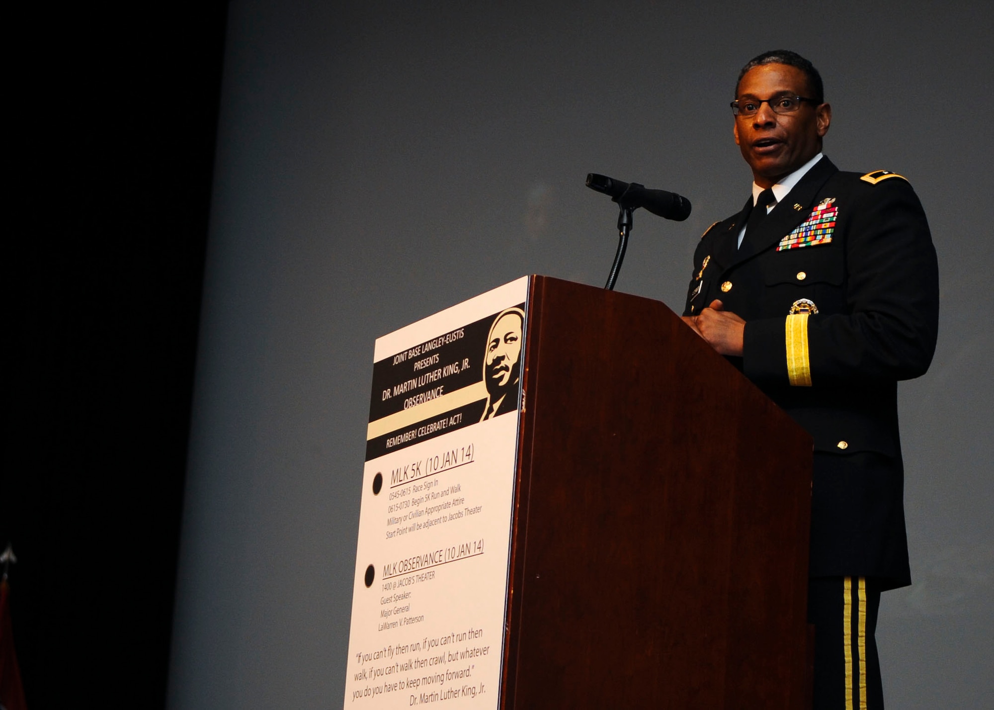 U.S. Army Maj. Gen. LaWarren Patterson, U.S. Army Signal Center of Excellence commander, speaks during a Martin Luther King Jr. memorial event at Fort Eustis, Va., Jan. 10, 2014. Patterson connected Army values to King’s message of non-violence, personal responsibility and freedom. (U.S. Air Force photo by Airman 1st Class Austin Harvill/Released)