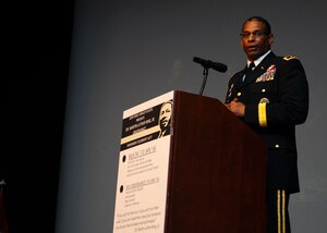 U.S. Army Maj. Gen. LaWarren Patterson, U.S. Army Signal Center of Excellence commander, speaks during a Martin Luther King Jr. memorial event at Fort Eustis, Va., Jan. 10, 2014. Patterson connected Army values to King’s message of non-violence, personal responsibility and freedom. (U.S. Air Force photo by Airman 1st Class Austin Harvill/Released)